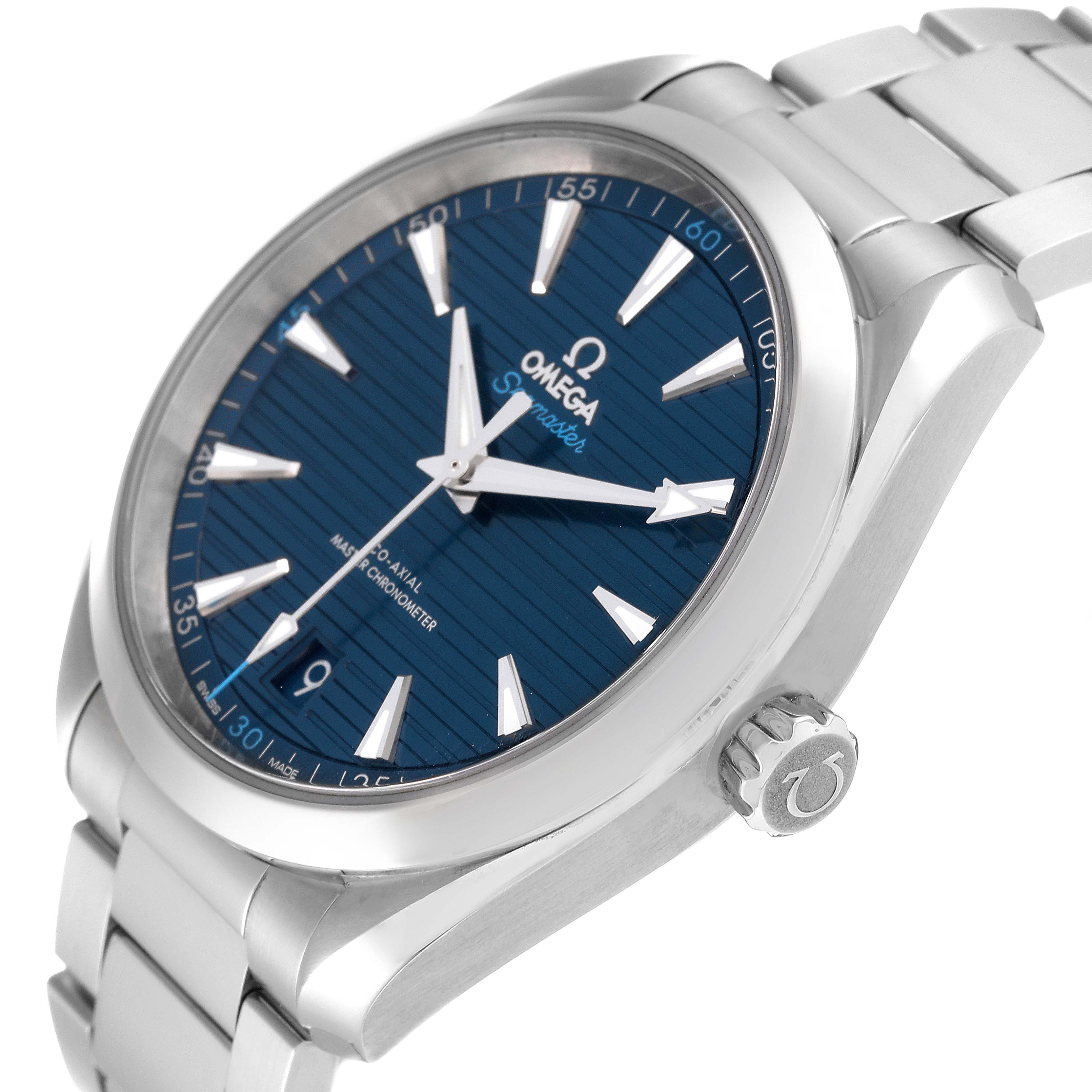 The Omega Aqua Terra 220.10.41.21.03.001 Men's Stainless Steel Blue Dial 220.10.41.21.03.001 Men's Stainless Steel Blue Dial watch is shown from a side angle, highlighting the blue dial, crown, and metal bracelet.