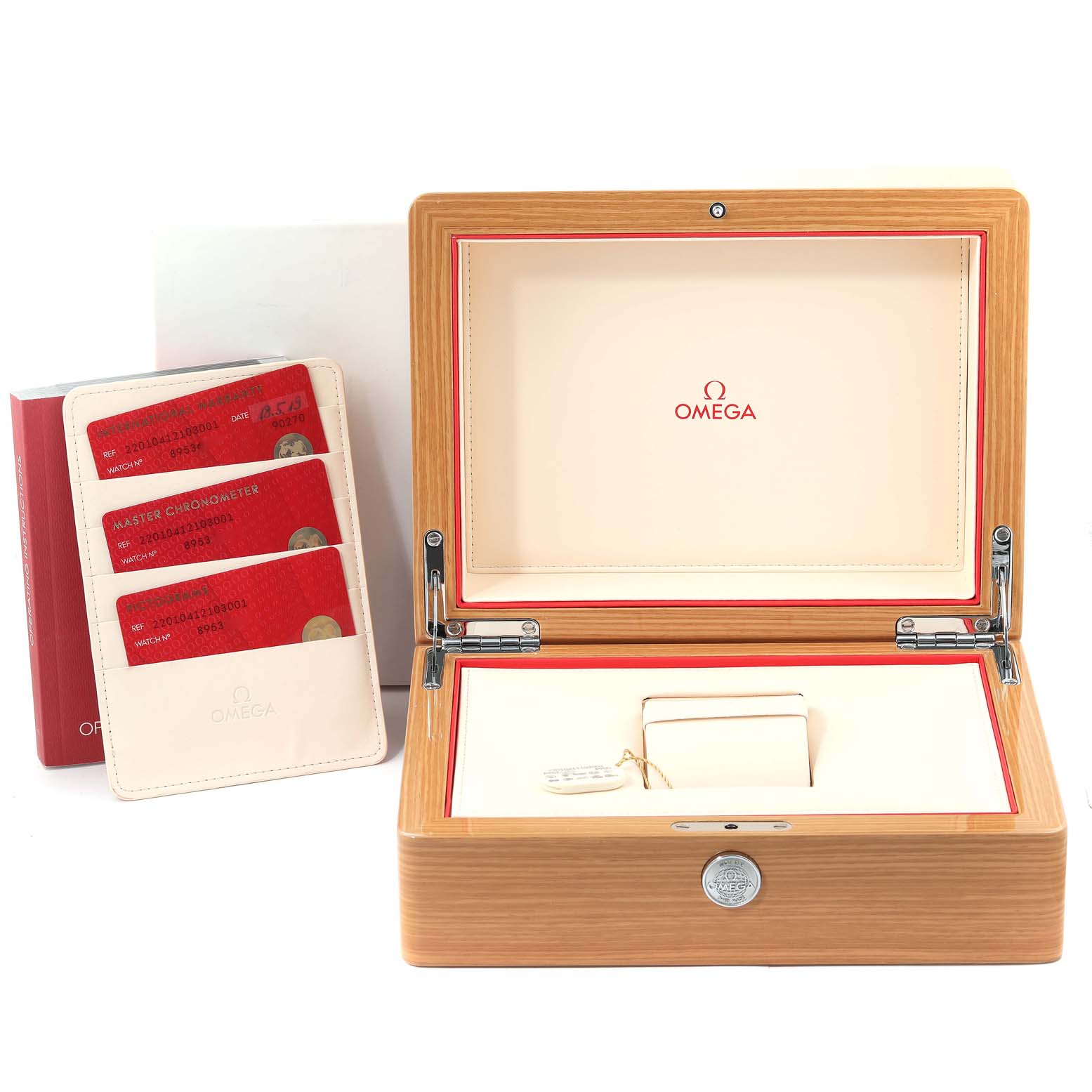 The image shows an open Omega Aqua Terra 220.10.41.21.03.001 Men's Stainless Steel Blue Dial 220.10.41.21.03.001 Men's Stainless Steel Blue Dial watch box and warranty cards at a frontal angle.