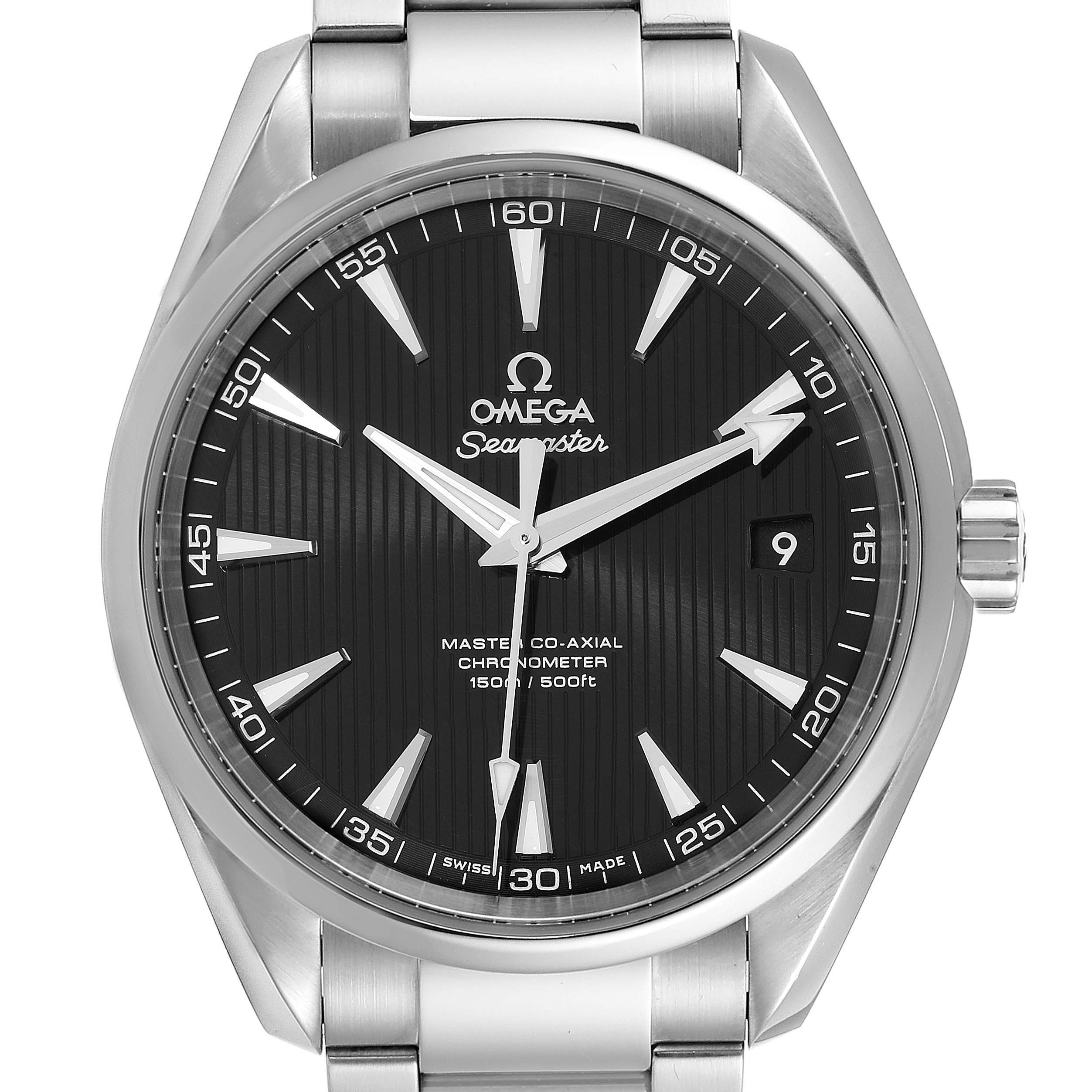 This image shows a front view of the Omega Aqua Terra 231.10.42.21.01.003 Men's Stainless Steel Black Dial 231.10.42.21.01.003 Men's Stainless Steel Black Dial watch, highlighting the face, bezel, and part of the bracelet.