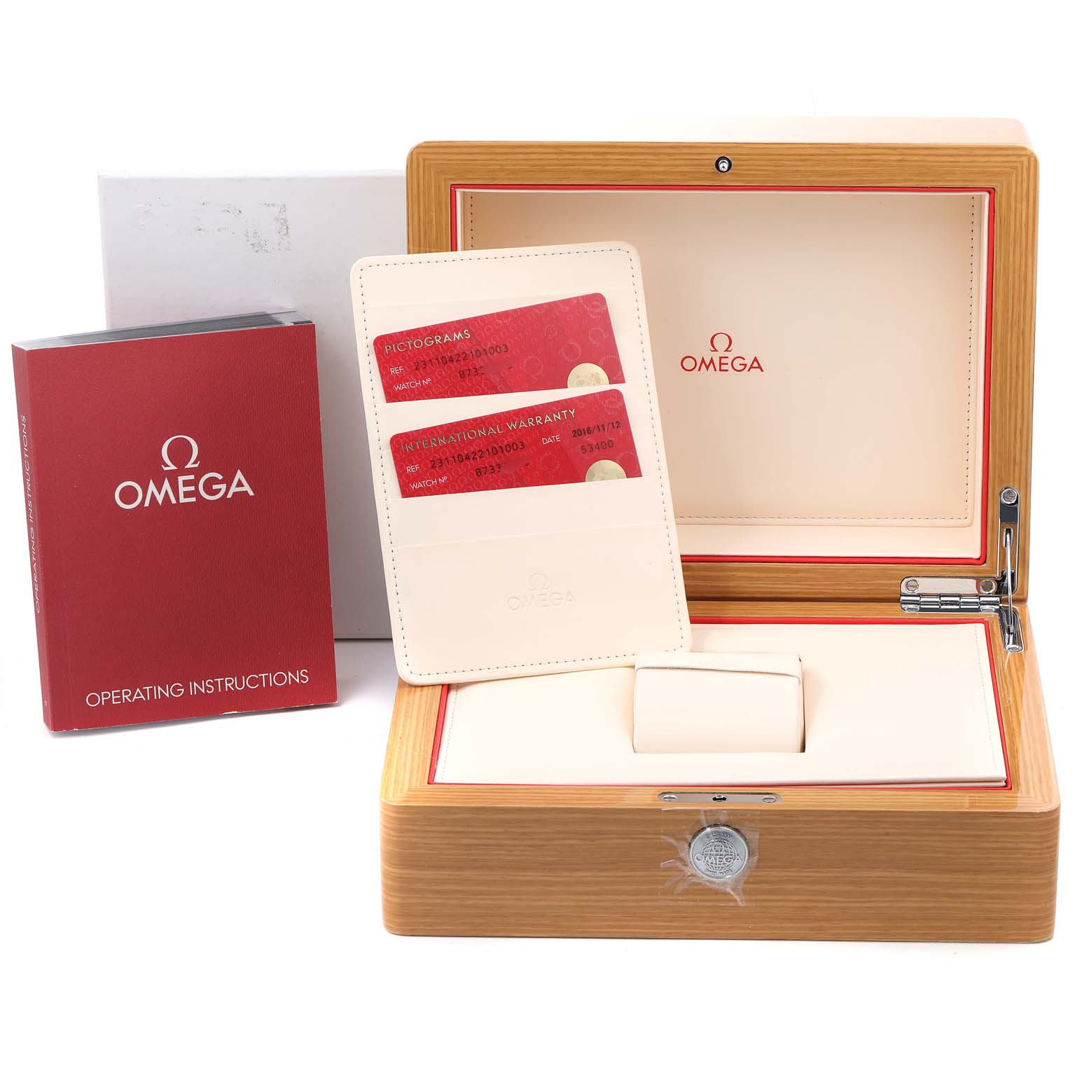 The image shows an Omega Aqua Terra 231.10.42.21.01.003 Men's Stainless Steel Black Dial 231.10.42.21.01.003 Men's Stainless Steel Black Dial watch box, warranty cards, and operating instructions booklet.