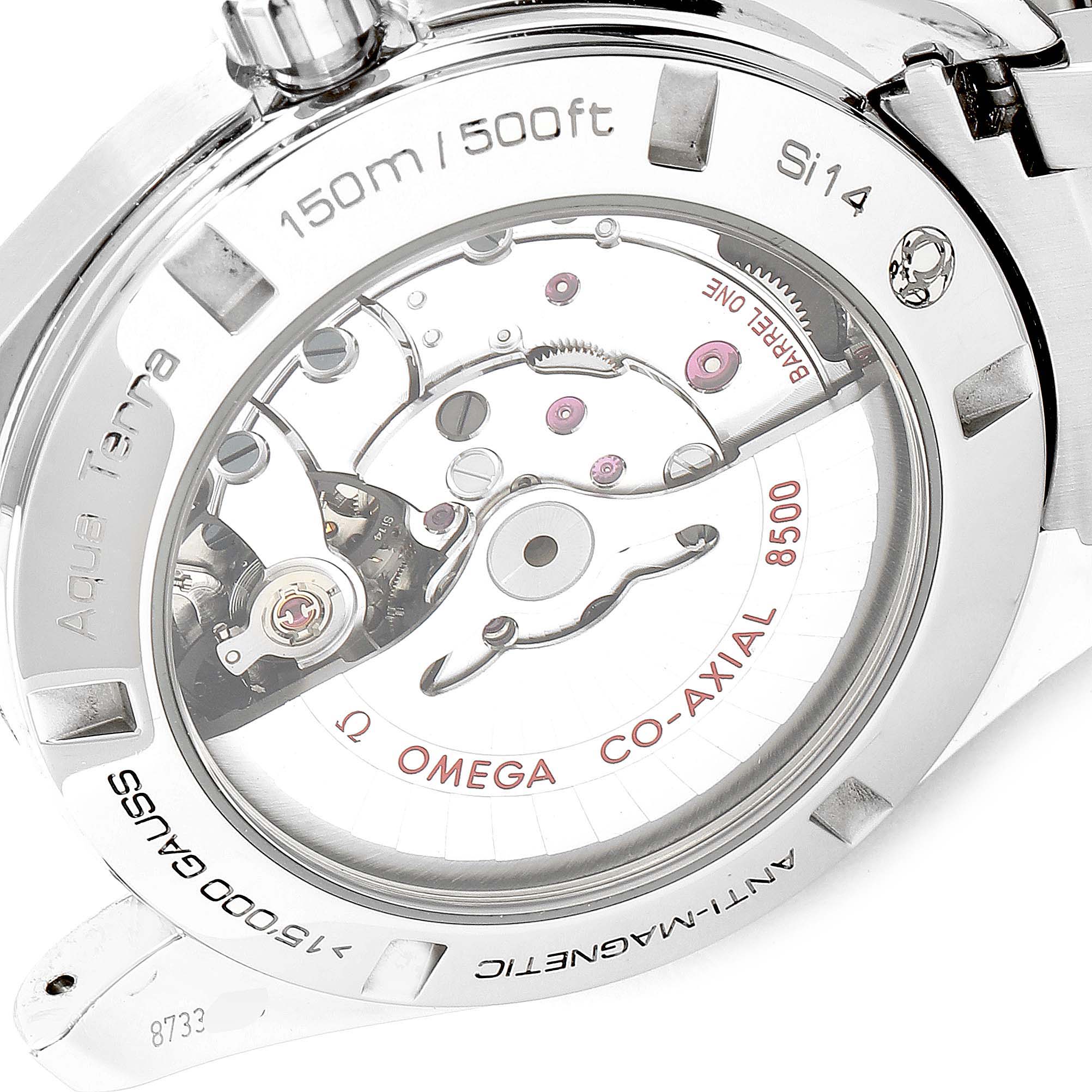 This image shows the back case of the Omega Aqua Terra 231.10.42.21.01.003 Men's Stainless Steel Black Dial 231.10.42.21.01.003 Men's Stainless Steel Black Dial watch, revealing its 8500 Co-Axial movement.