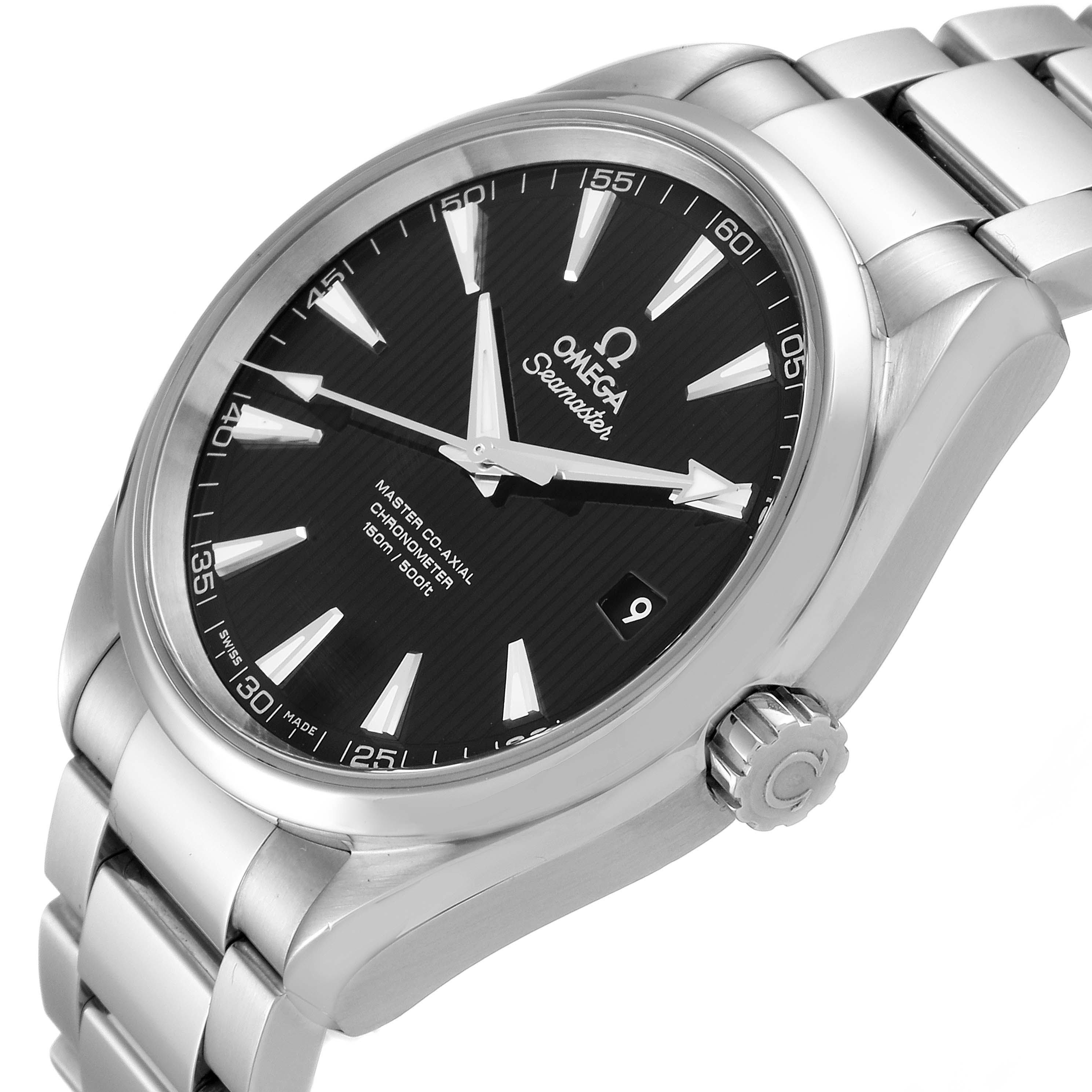 The Omega Aqua Terra 231.10.42.21.01.003 Men's Stainless Steel Black Dial 231.10.42.21.01.003 Men's Stainless Steel Black Dial watch is shown at an angled side view, displaying the dial, case, crown, and stainless steel bracelet.