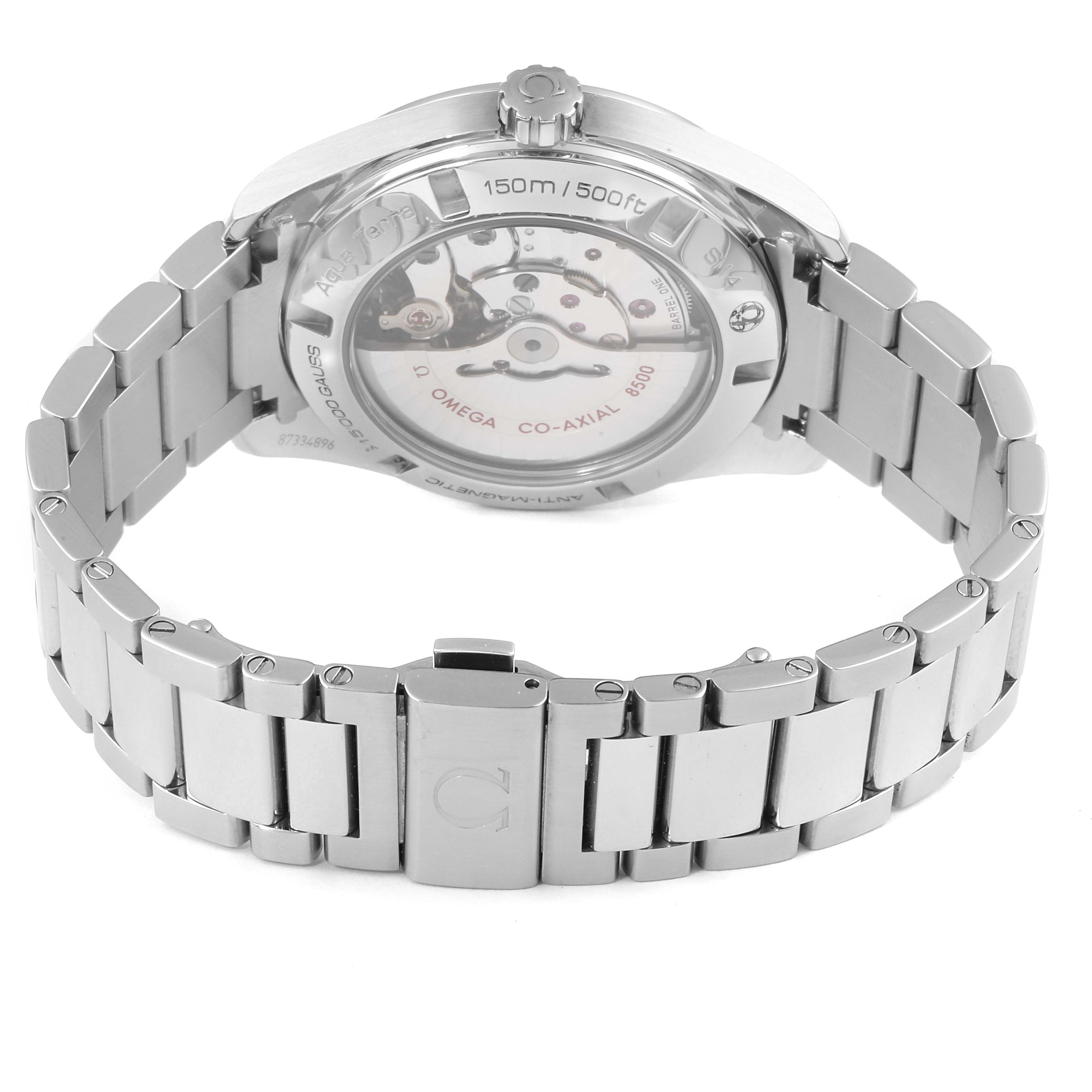 The image shows the back and bracelet of the Omega Aqua Terra 231.10.42.21.01.003 Men's Stainless Steel Black Dial 231.10.42.21.01.003 Men's Stainless Steel Black Dial watch, highlighting its Co-Axial movement and clear case back.