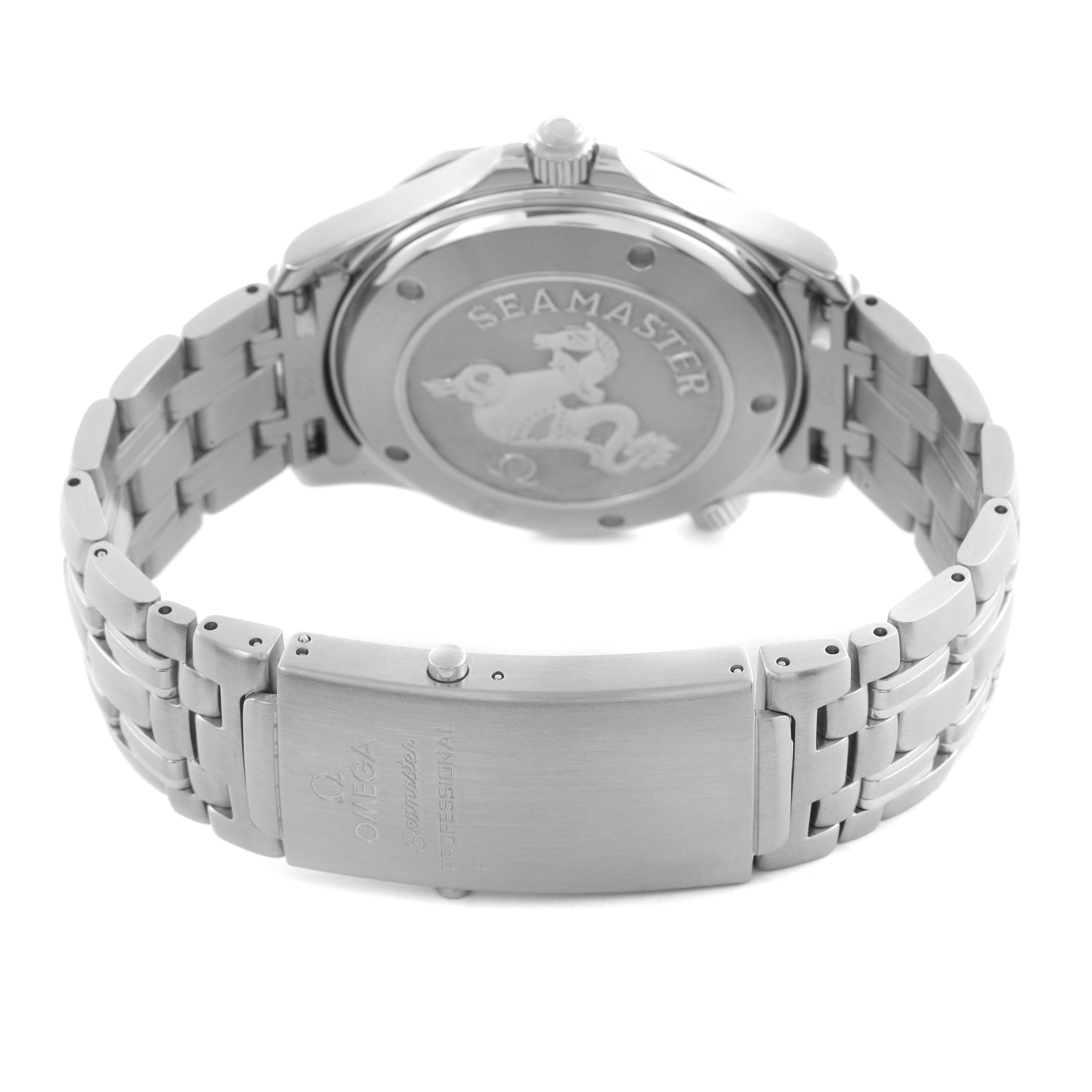 The Omega Seamaster 212.30.41.20.01.002 Men
s Stainless Steel Black Dial 212.30.41.20.01.002 Men
s Stainless Steel Black Dial watch is shown from the back, featuring the engraved case back and metal bracelet with a visible clasp.