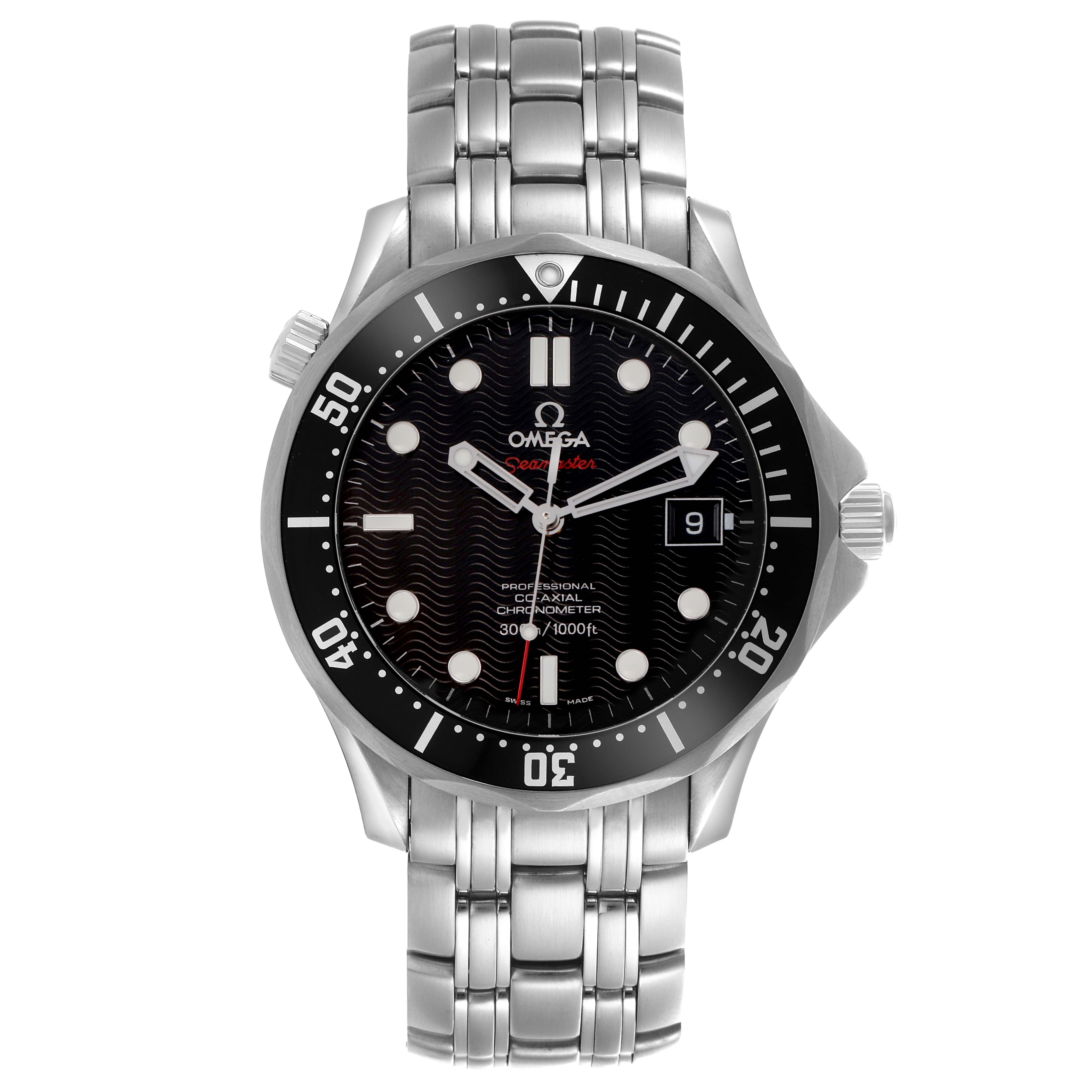 The image shows an Omega Seamaster 212.30.41.20.01.002 Men
s Stainless Steel Black Dial 212.30.41.20.01.002 Men
s Stainless Steel Black Dial watch from the front, highlighting the face, bezel, bracelet, and crown.