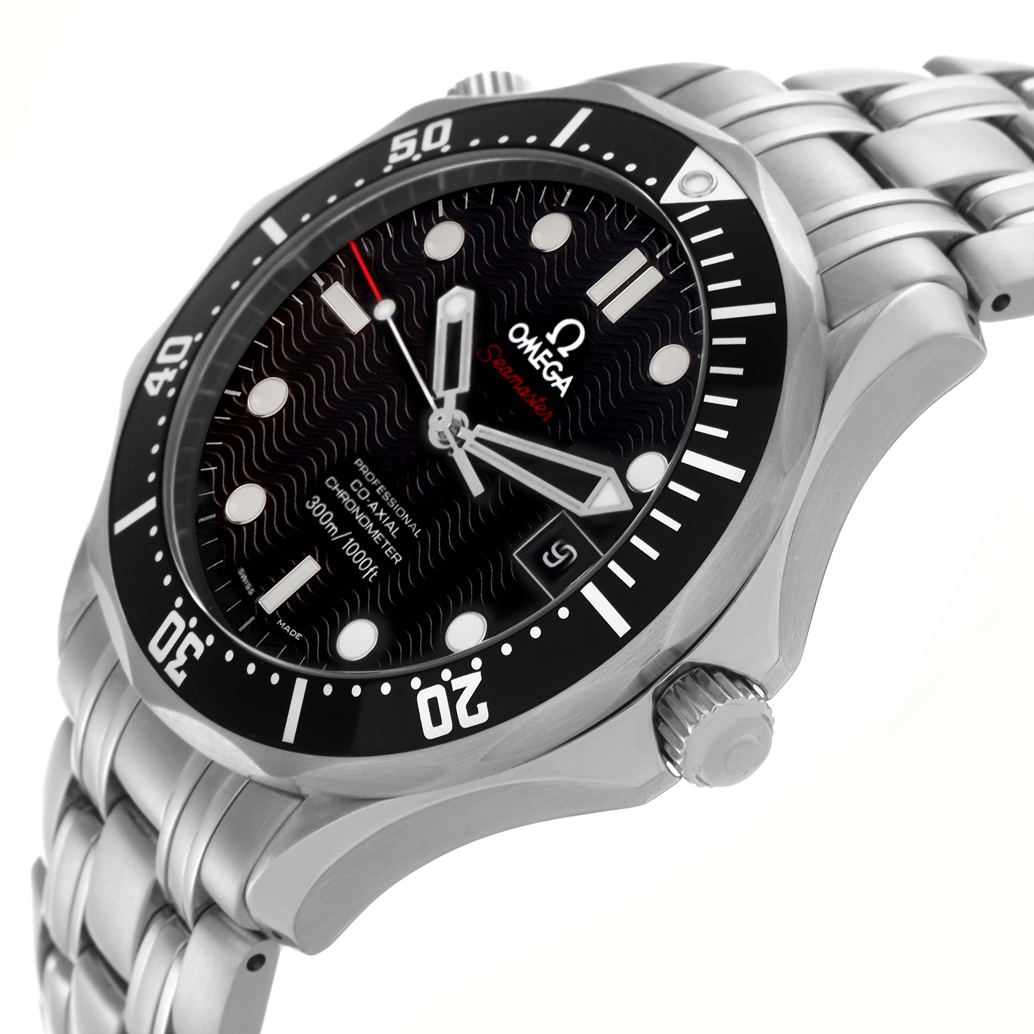 The Omega Seamaster 212.30.41.20.01.002 Men
s Stainless Steel Black Dial 212.30.41.20.01.002 Men
s Stainless Steel Black Dial watch is shown at an angle highlighting the black dial, bezel, hands, crown, and stainless steel bracelet.