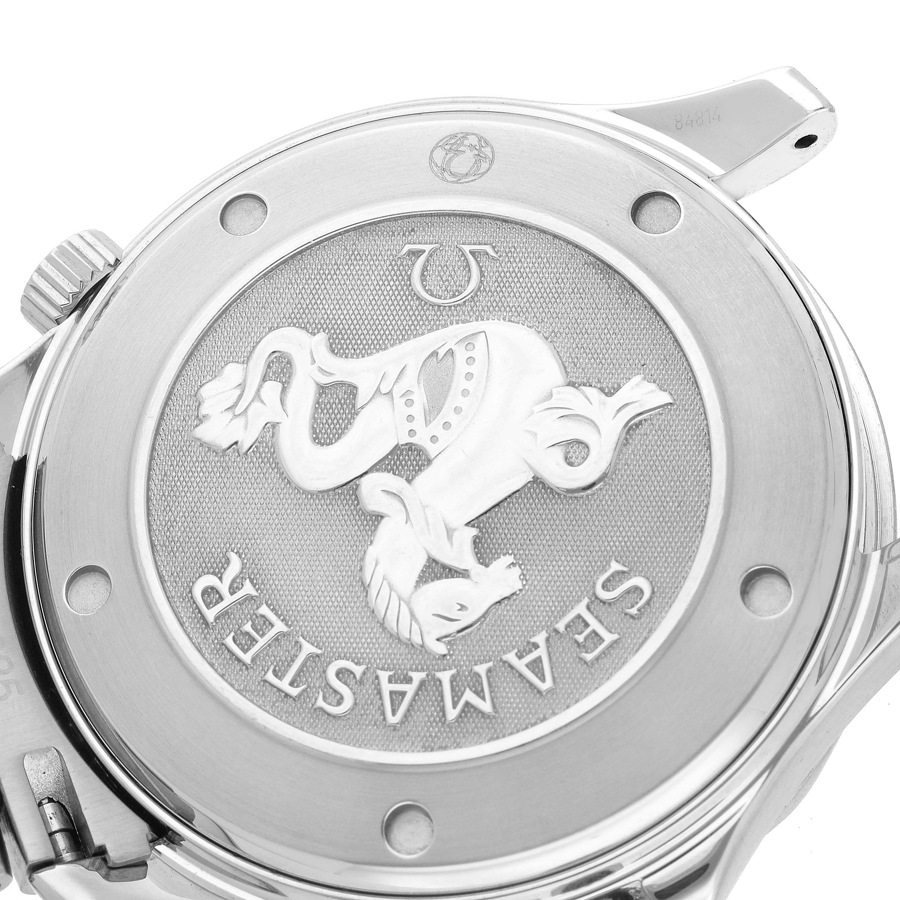 The image shows the back of the Omega Seamaster 212.30.41.20.01.002 Men
s Stainless Steel Black Dial 212.30.41.20.01.002 Men
s Stainless Steel Black Dial watch, featuring the engraved medallion and the caseback screws.