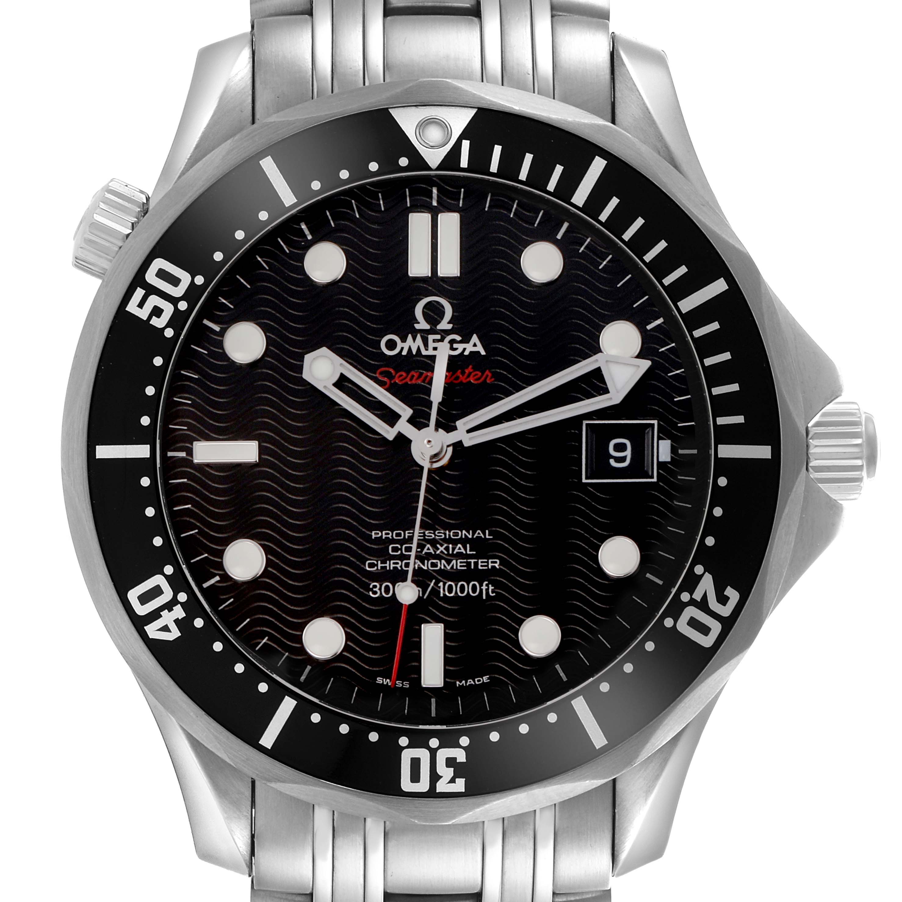 The image shows a front view of the Omega Seamaster 212.30.41.20.01.002 Men
s Stainless Steel Black Dial 212.30.41.20.01.002 Men
s Stainless Steel Black Dial watch, featuring its dial, hands, bezel, crown, and part of the bracelet.