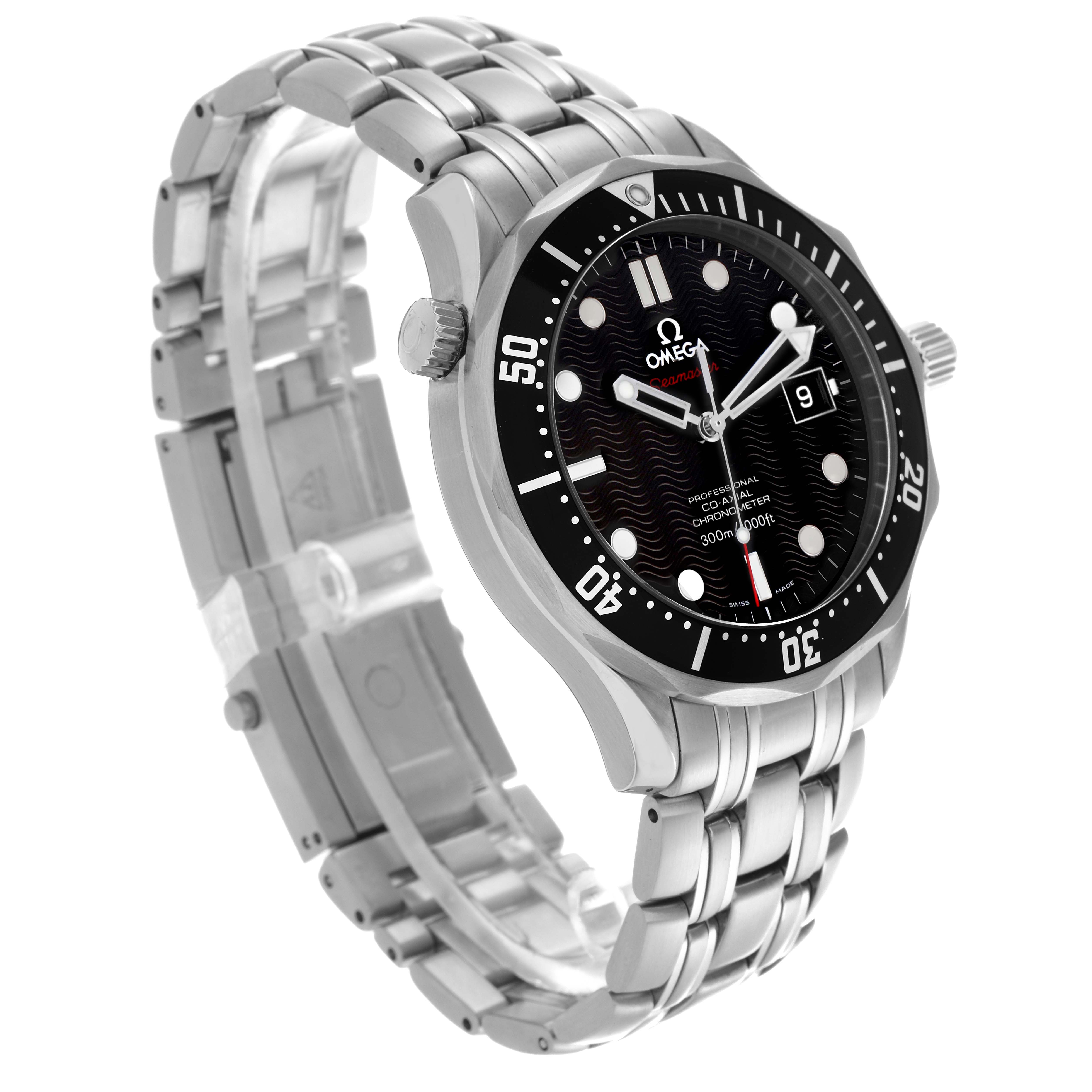 The image shows an Omega Seamaster 212.30.41.20.01.002 Men
s Stainless Steel Black Dial 212.30.41.20.01.002 Men
s Stainless Steel Black Dial watch at a three-quarter angle, highlighting the bracelet, bezel, dial, and side crown.