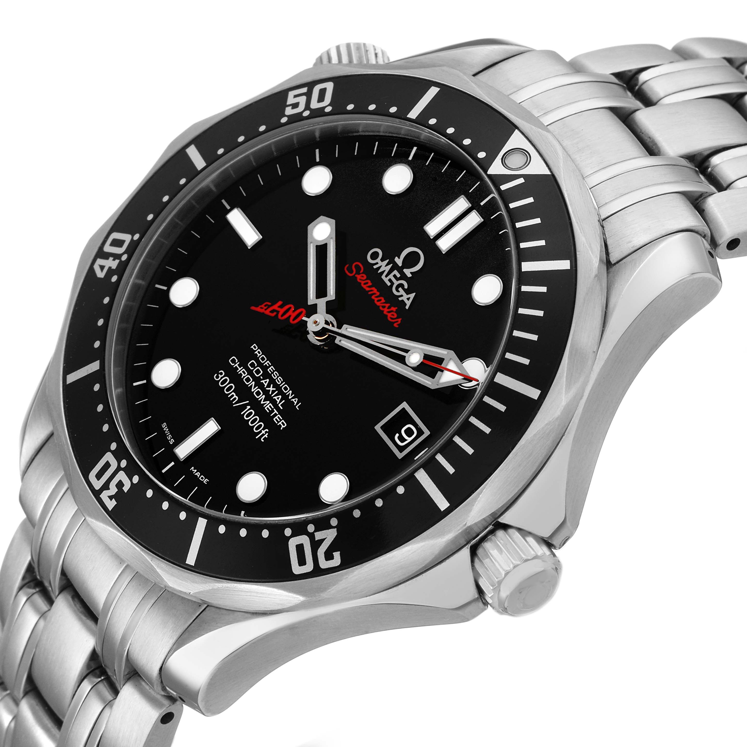 The Omega Seamaster 212.30.41.20.01.001 Men's Stainless Steel Black Dial watch is shown at an angled side view, highlighting its bezel, dial, and metal bracelet.