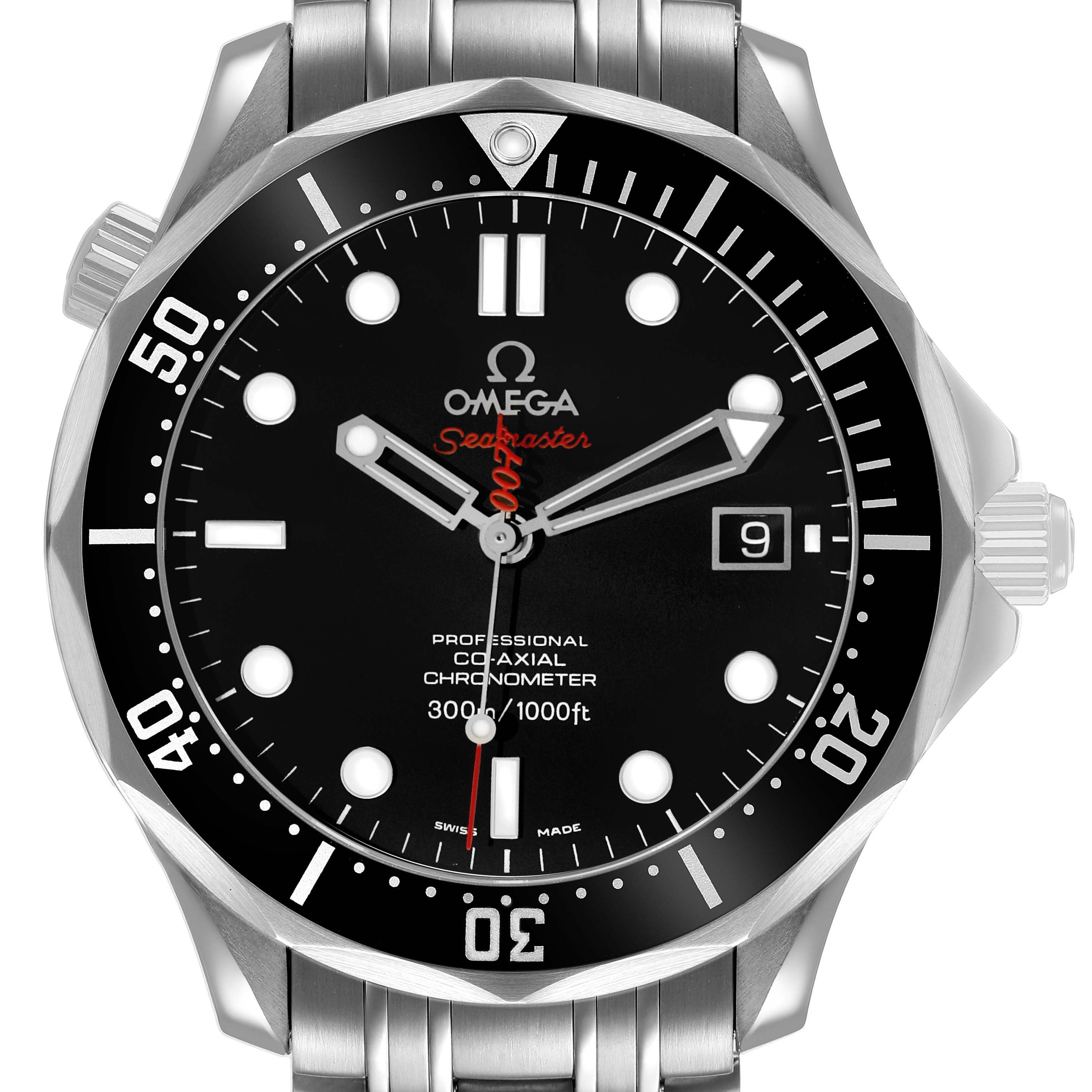 The Omega Seamaster 212.30.41.20.01.001 Men's Stainless Steel Black Dial watch is shown from the front, displaying its dial, bezel, hands, and part of the bracelet.