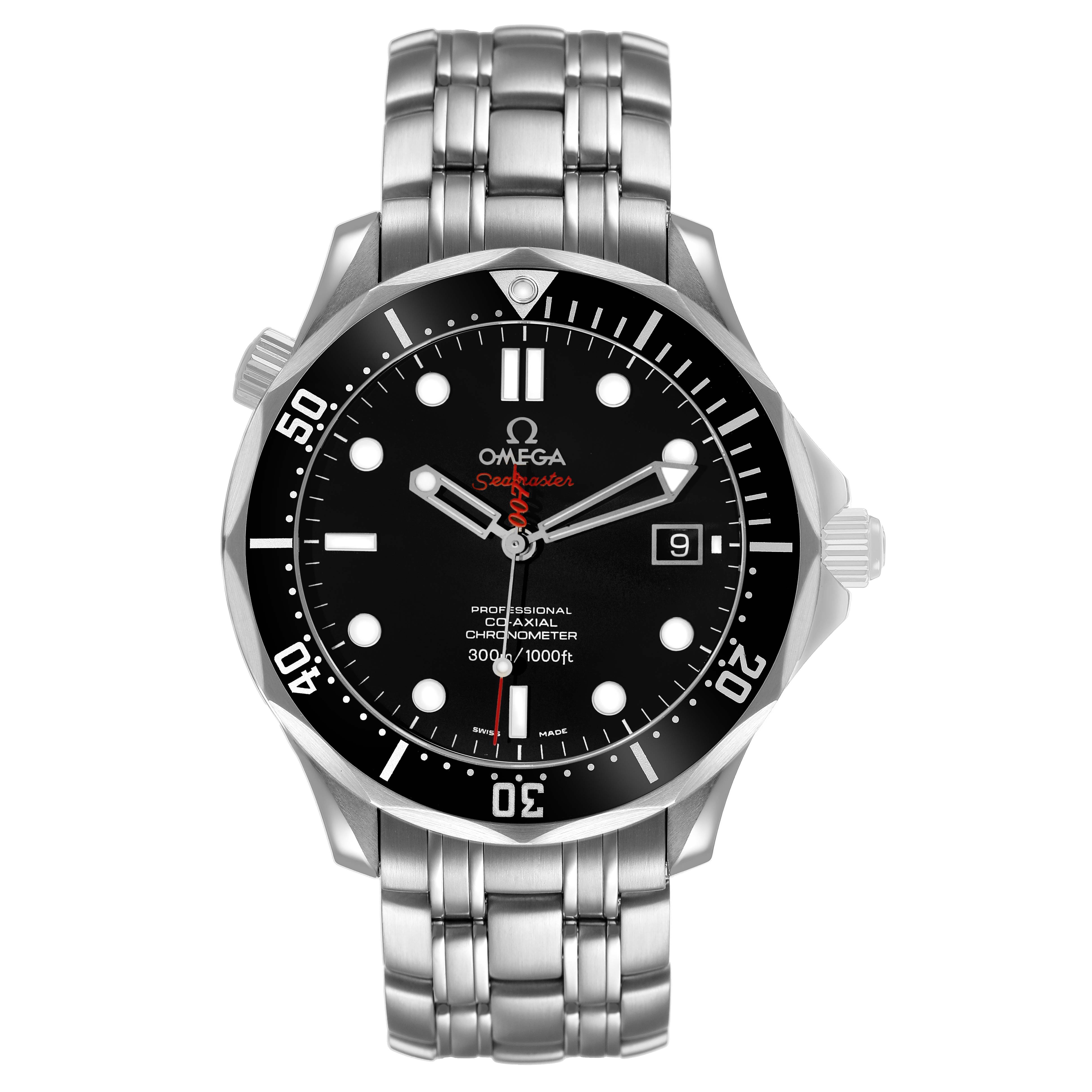 The Omega Seamaster 212.30.41.20.01.001 Men's Stainless Steel Black Dial watch is shown from a front view, highlighting its face, bezel, and stainless steel bracelet.