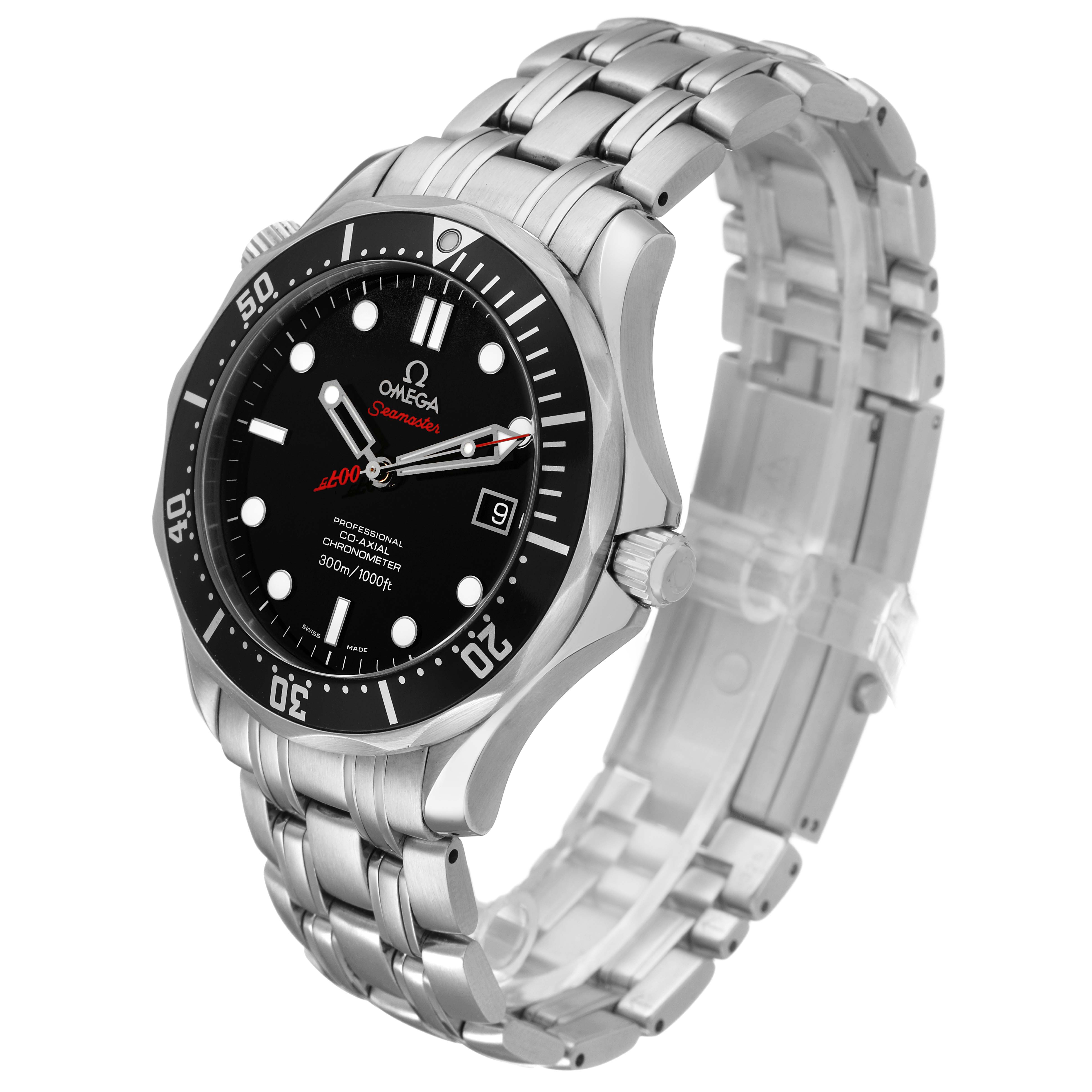 The Omega Seamaster 212.30.41.20.01.001 Men's Stainless Steel Black Dial watch is shown at a three-quarter angle, highlighting the bezel, dial, crown, and stainless steel bracelet.