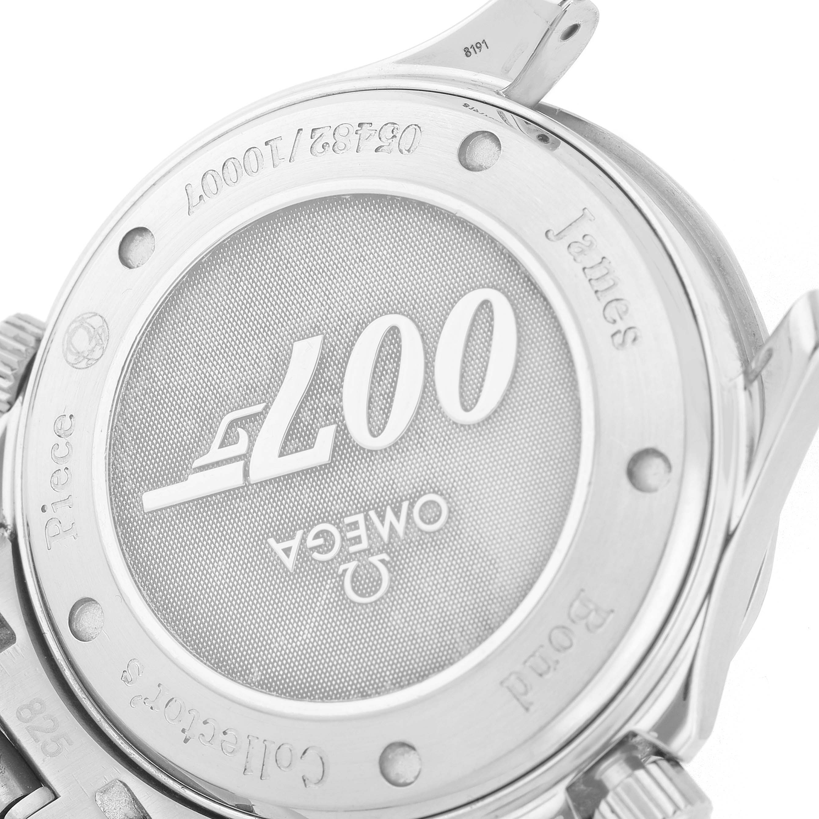 The image shows the back case of an Omega Seamaster 212.30.41.20.01.001 Men's Stainless Steel Black Dial watch featuring the "007" logo and branding details.