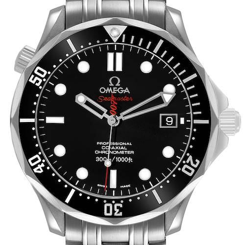 The Omega Seamaster 212.30.41.20.01.001 Men's Stainless Steel Black Dial watch is shown from the front, highlighting the dial, bezel, and bracelet attachment.