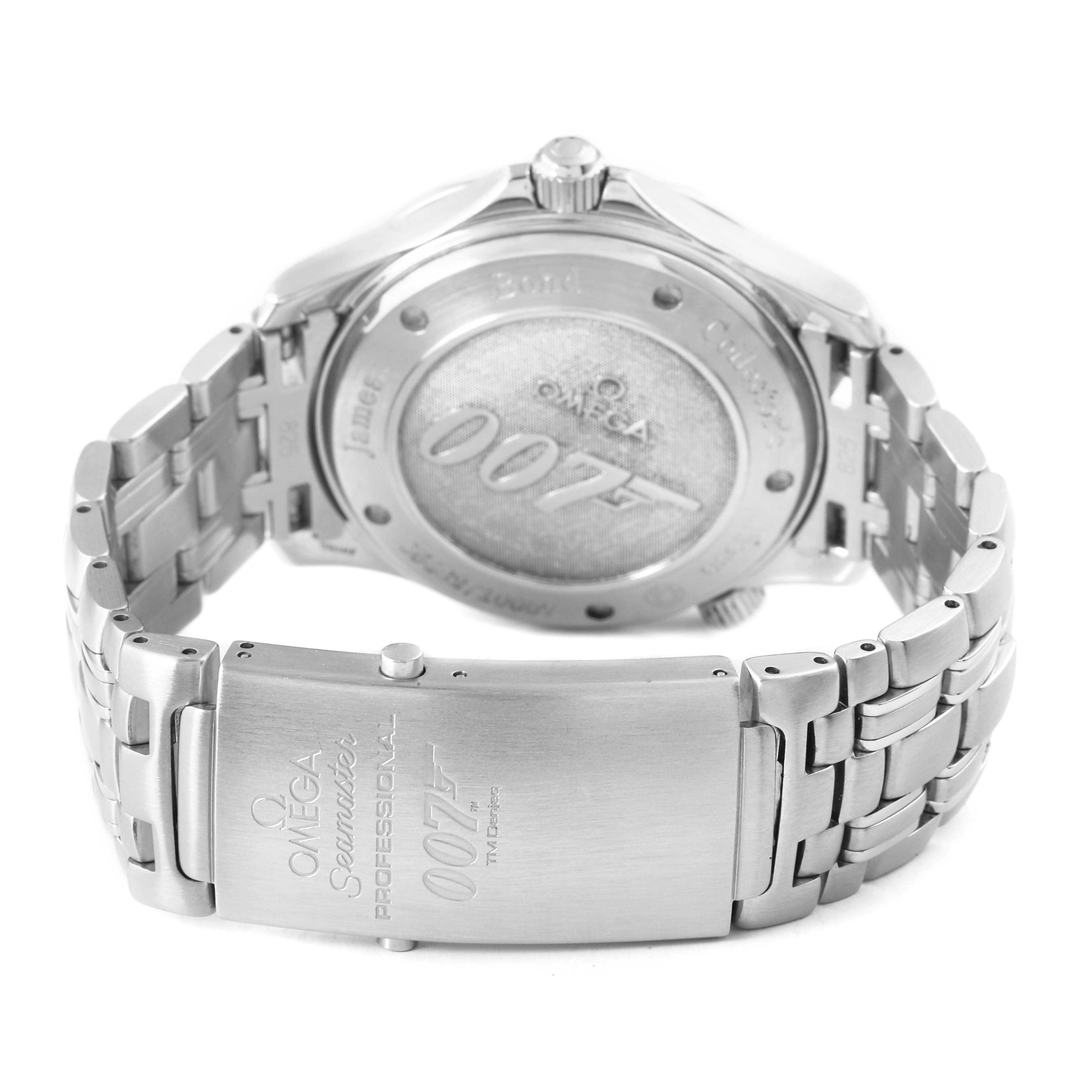The image shows the back and clasp of an Omega Seamaster 212.30.41.20.01.001 Men's Stainless Steel Black Dial watch, featuring branding and "007" detailing.