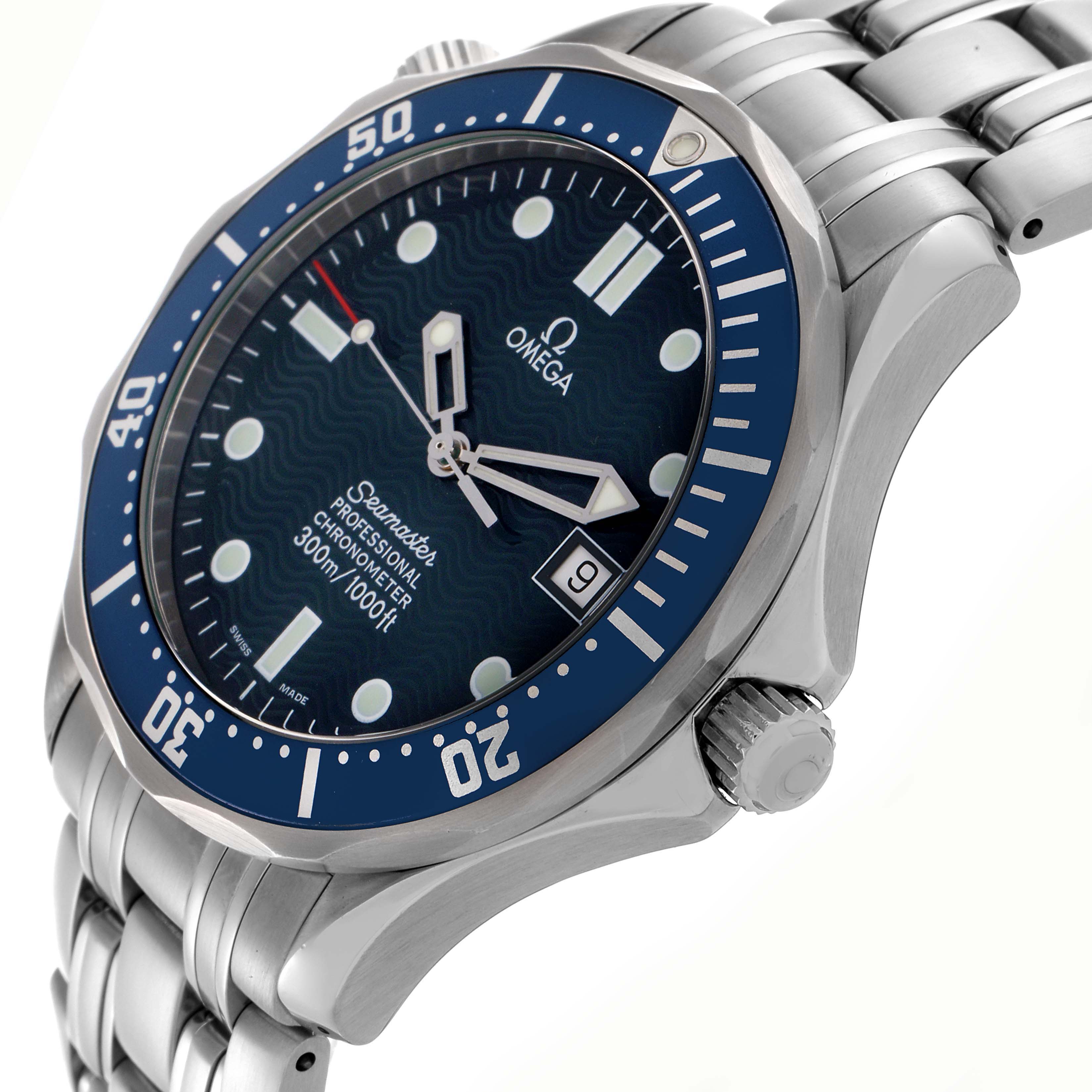 The Omega Seamaster 2531.80.00 Men's Stainless Steel Blue Dial 2531.80.00 Men's Stainless Steel Blue Dial watch is shown at an angled close-up, highlighting the bezel, dial, crown, and bracelet.