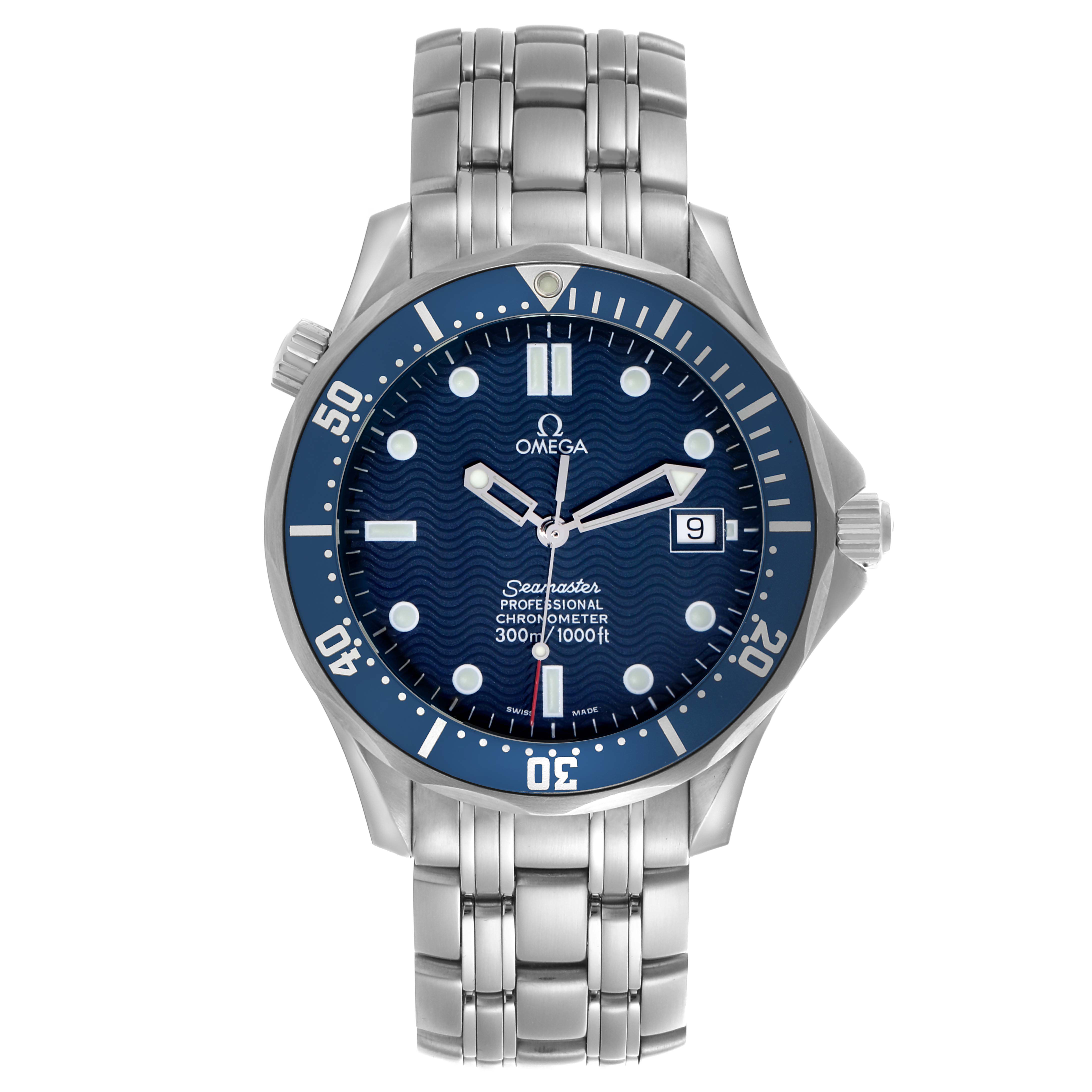 The Omega Seamaster 2531.80.00 Men's Stainless Steel Blue Dial 2531.80.00 Men's Stainless Steel Blue Dial watch is shown from a front angle, highlighting the face, bezel, and bracelet.