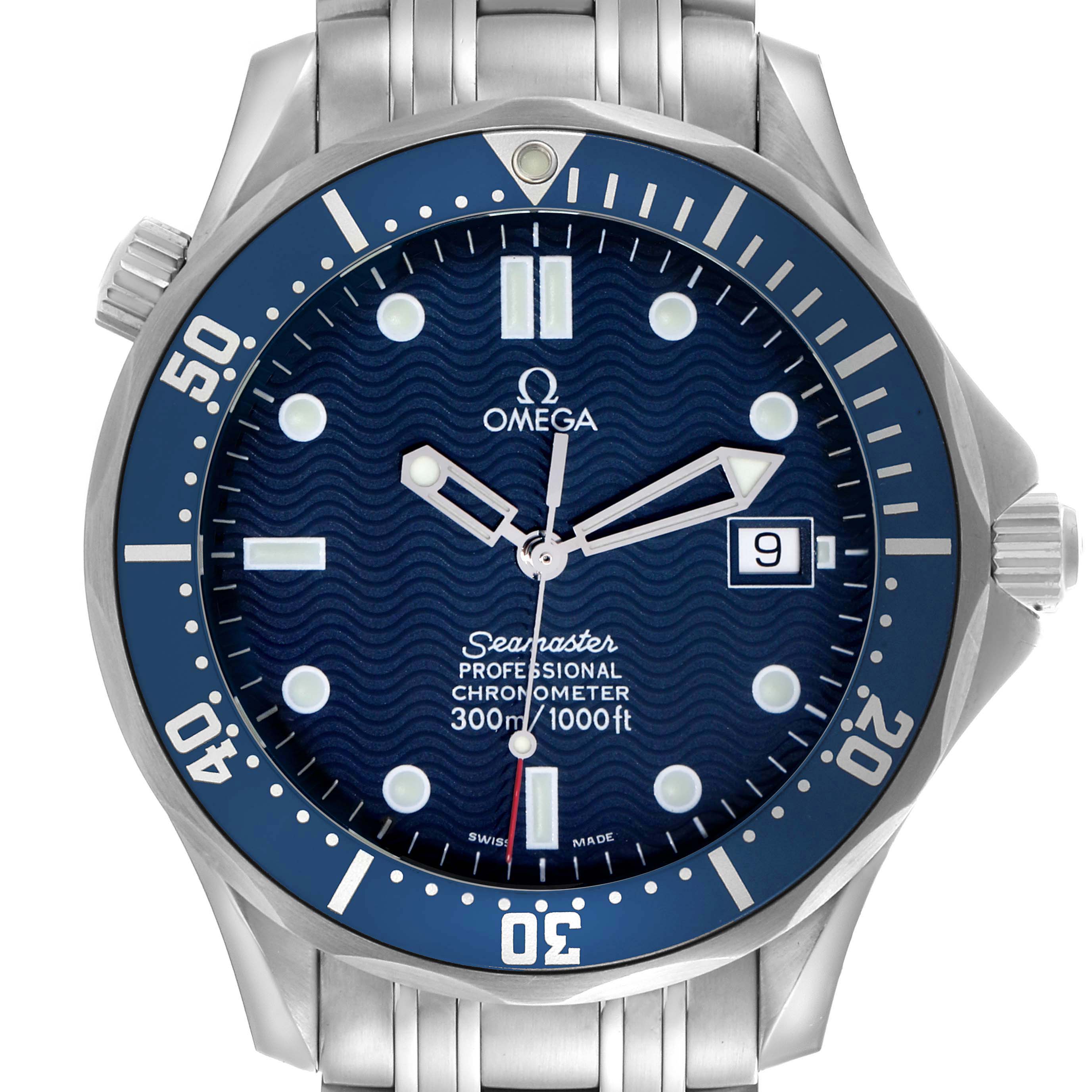 The Omega Seamaster 2531.80.00 Men's Stainless Steel Blue Dial 2531.80.00 Men's Stainless Steel Blue Dial watch is shown from a front angle, displaying the dial, bezel, crown, and part of the bracelet.