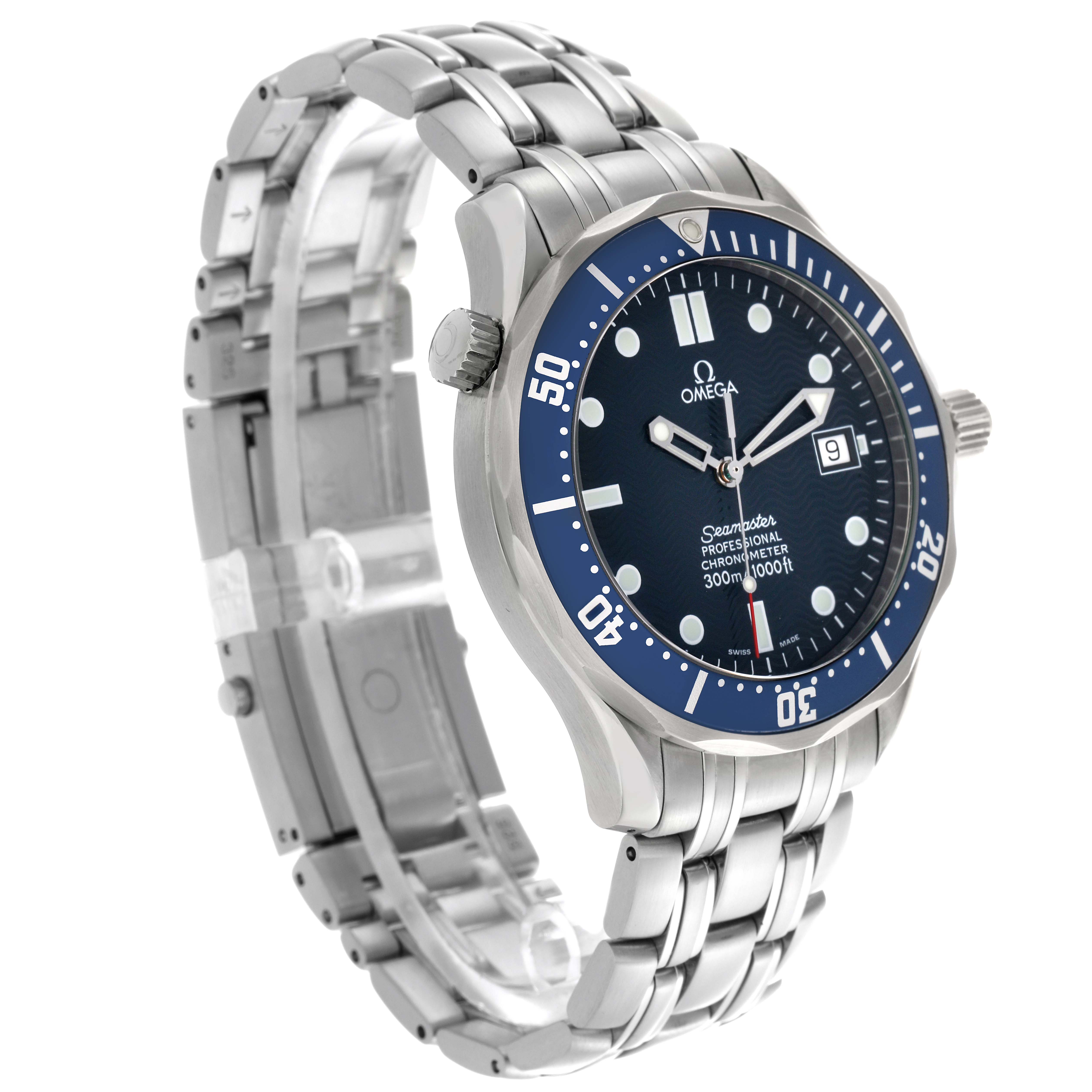 The Omega Seamaster 2531.80.00 Men's Stainless Steel Blue Dial 2531.80.00 Men's Stainless Steel Blue Dial watch is shown at a three-quarter angle, displaying its bezel, dial, crown, and metal bracelet.