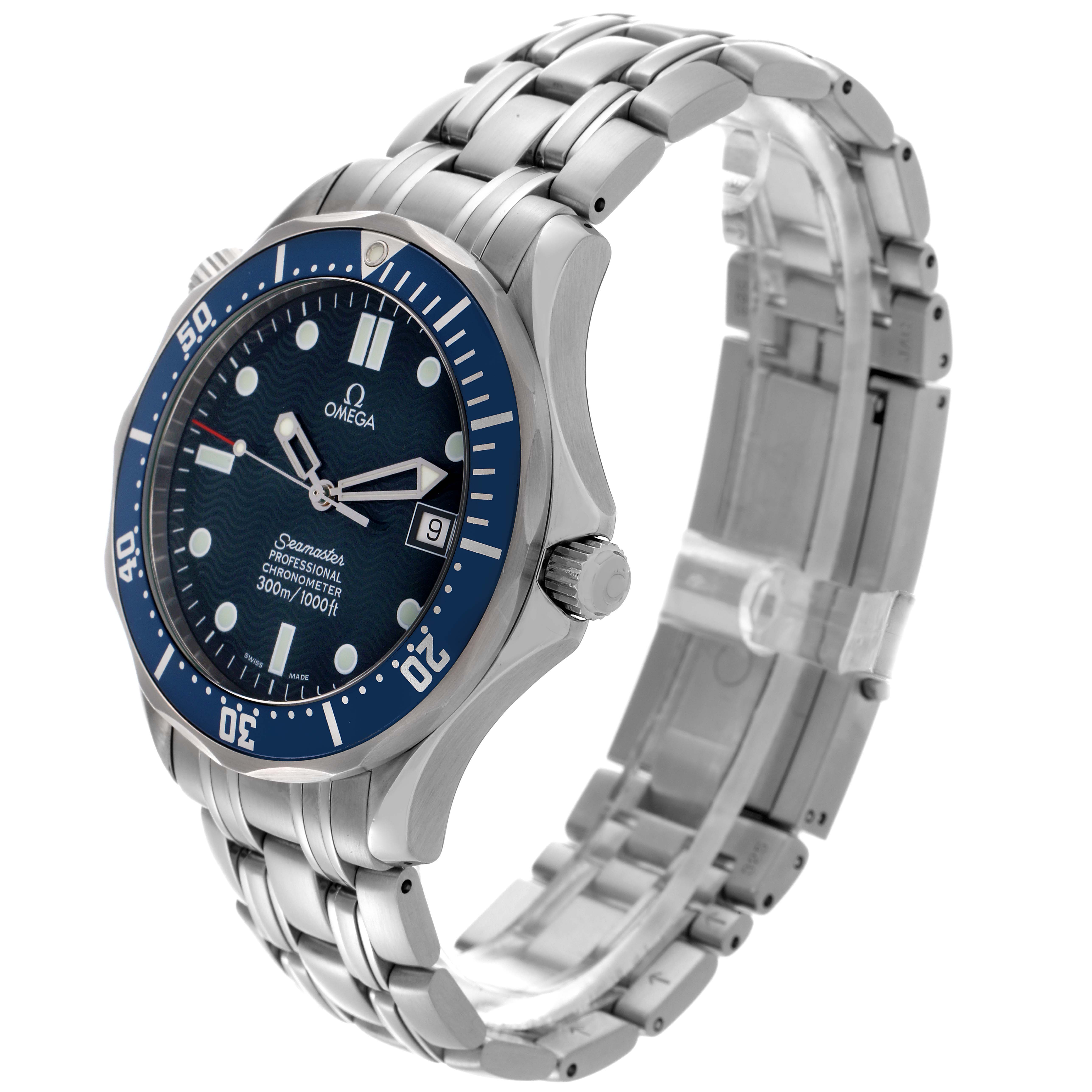 The Omega Seamaster 2531.80.00 Men's Stainless Steel Blue Dial 2531.80.00 Men's Stainless Steel Blue Dial watch is shown at a slight angle, highlighting the face, bezel, and metal bracelet.