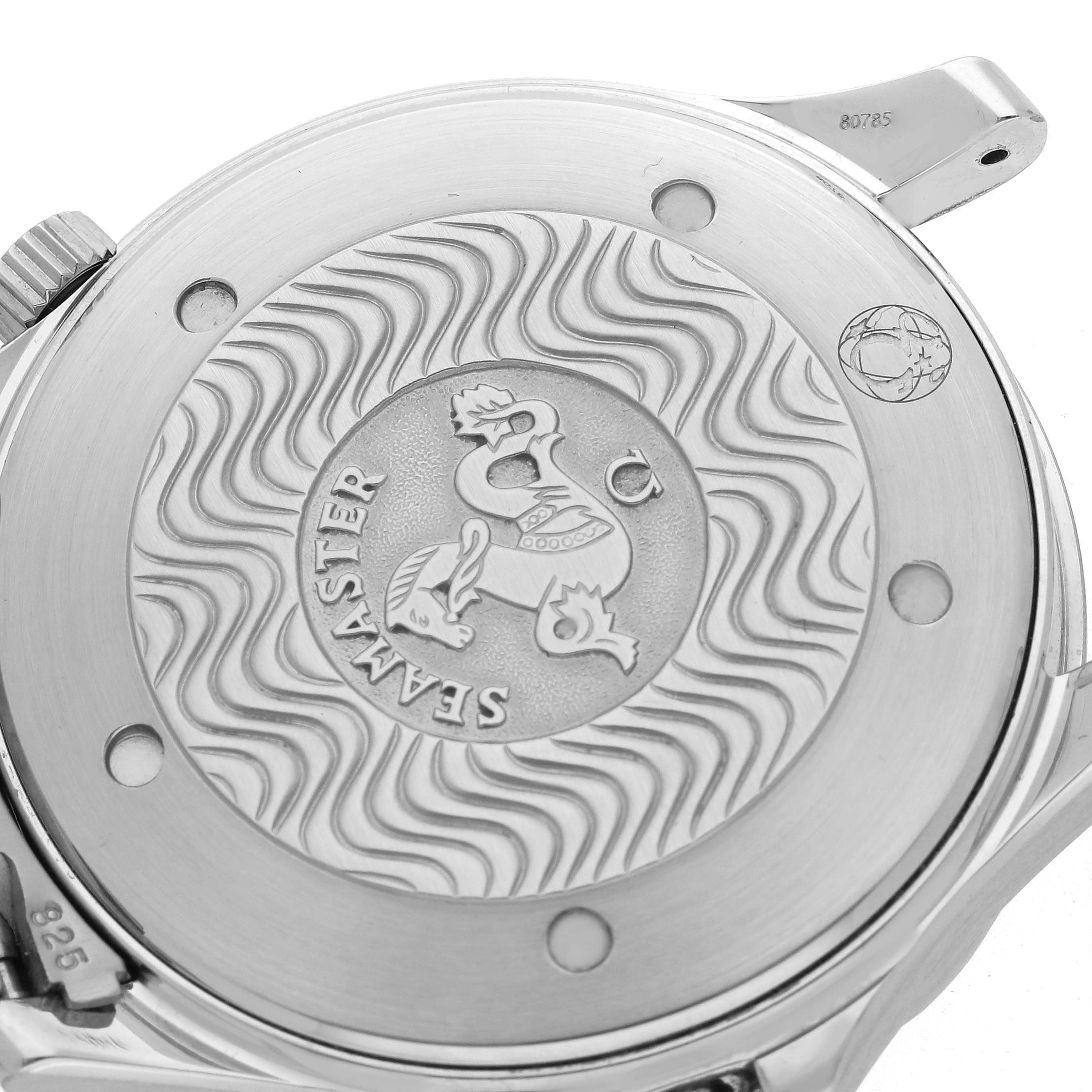 The image shows the back case of an Omega Seamaster 2531.80.00 Men's Stainless Steel Blue Dial 2531.80.00 Men's Stainless Steel Blue Dial watch, featuring engravings and wave patterns.