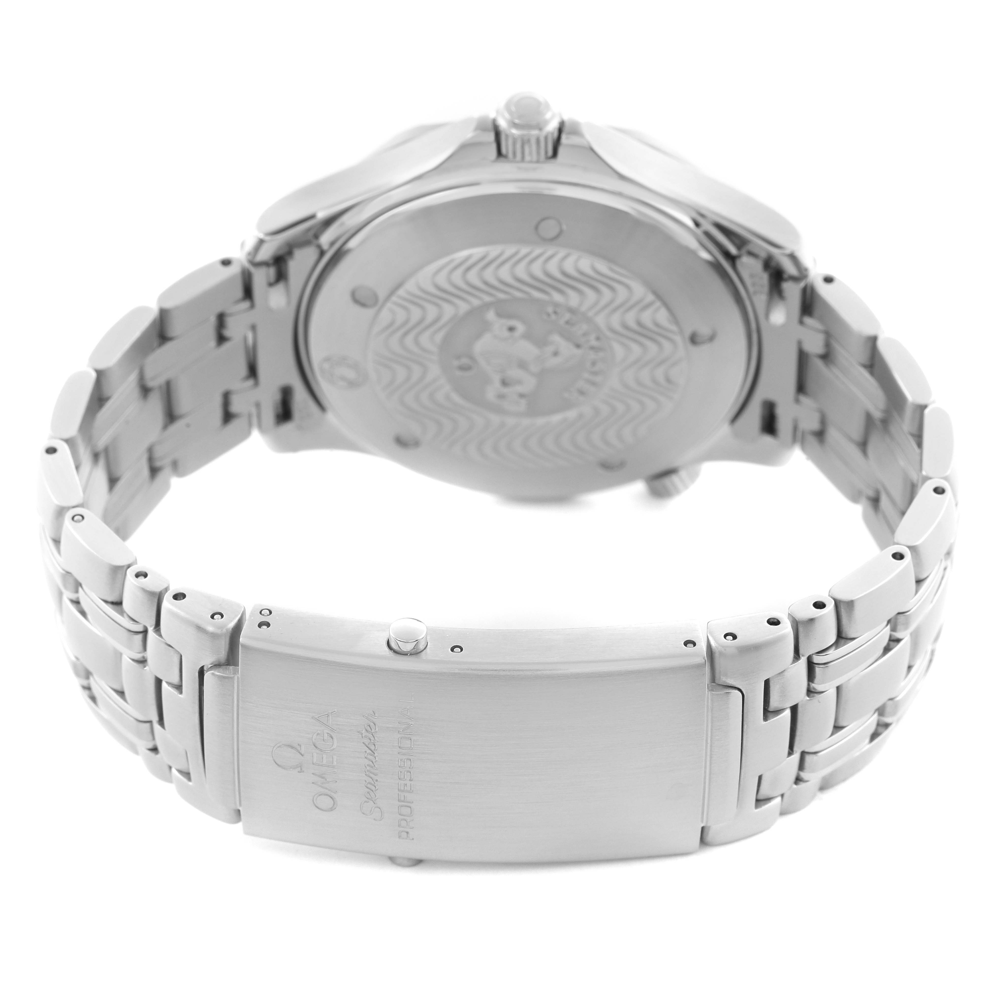 The image shows the back view of an Omega Seamaster 2531.80.00 Men's Stainless Steel Blue Dial 2531.80.00 Men's Stainless Steel Blue Dial, highlighting the bracelet and clasp.