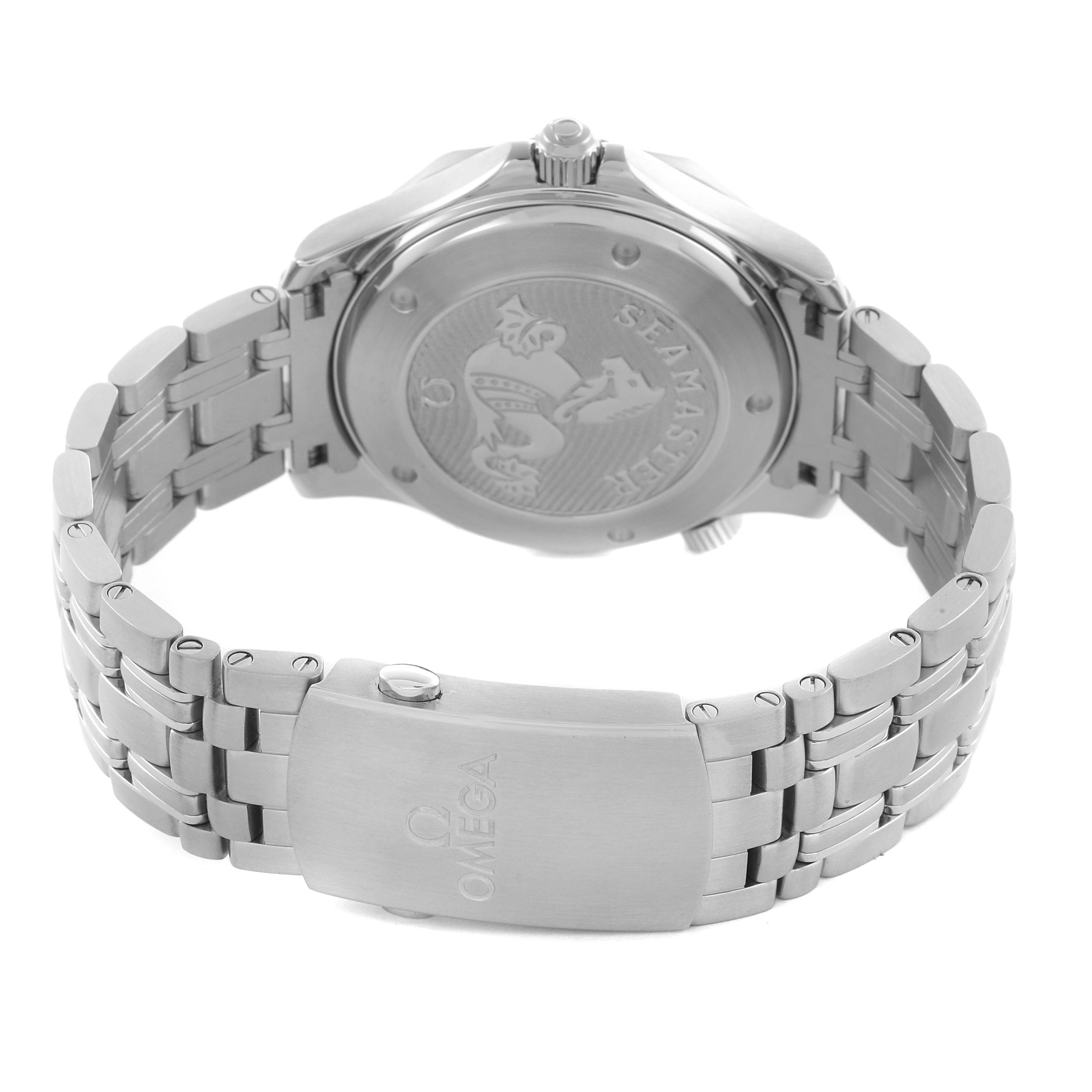 The image shows the back of an Omega Seamaster 212.30.41.20.03.001 Men
s Stainless Steel Blue Dial 212.30.41.20.03.001 Men
s Stainless Steel Blue Dial watch, including the engraved case back and metal bracelet with a clasp.