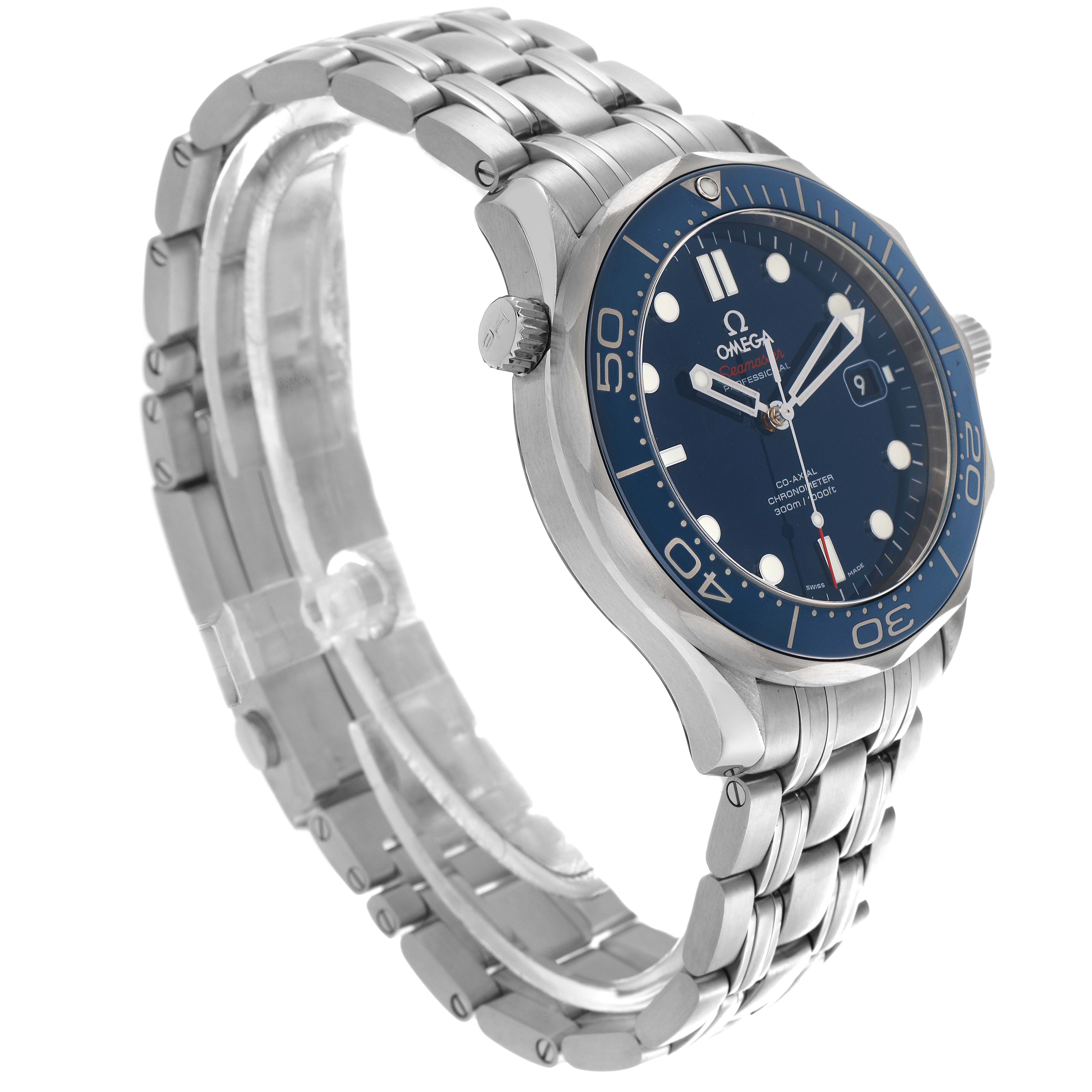 The Omega Seamaster 212.30.41.20.03.001 Men
s Stainless Steel Blue Dial 212.30.41.20.03.001 Men
s Stainless Steel Blue Dial watch is shown at a three-quarter angle, highlighting the blue dial, bezel, and metal bracelet.
