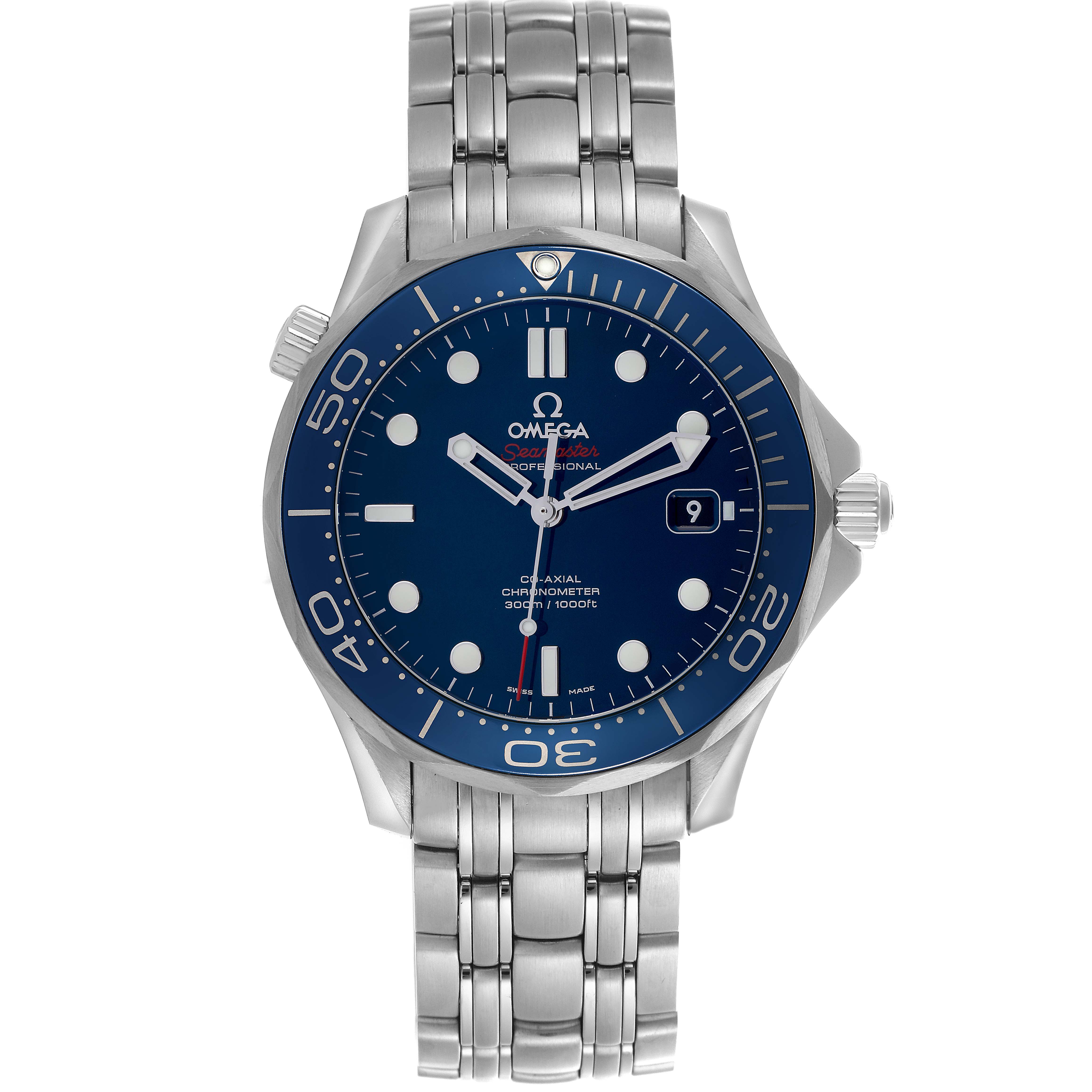 The Omega Seamaster 212.30.41.20.03.001 Men
s Stainless Steel Blue Dial 212.30.41.20.03.001 Men
s Stainless Steel Blue Dial watch is shown from a front angle, displaying its bezel, dial, hands, and bracelet.