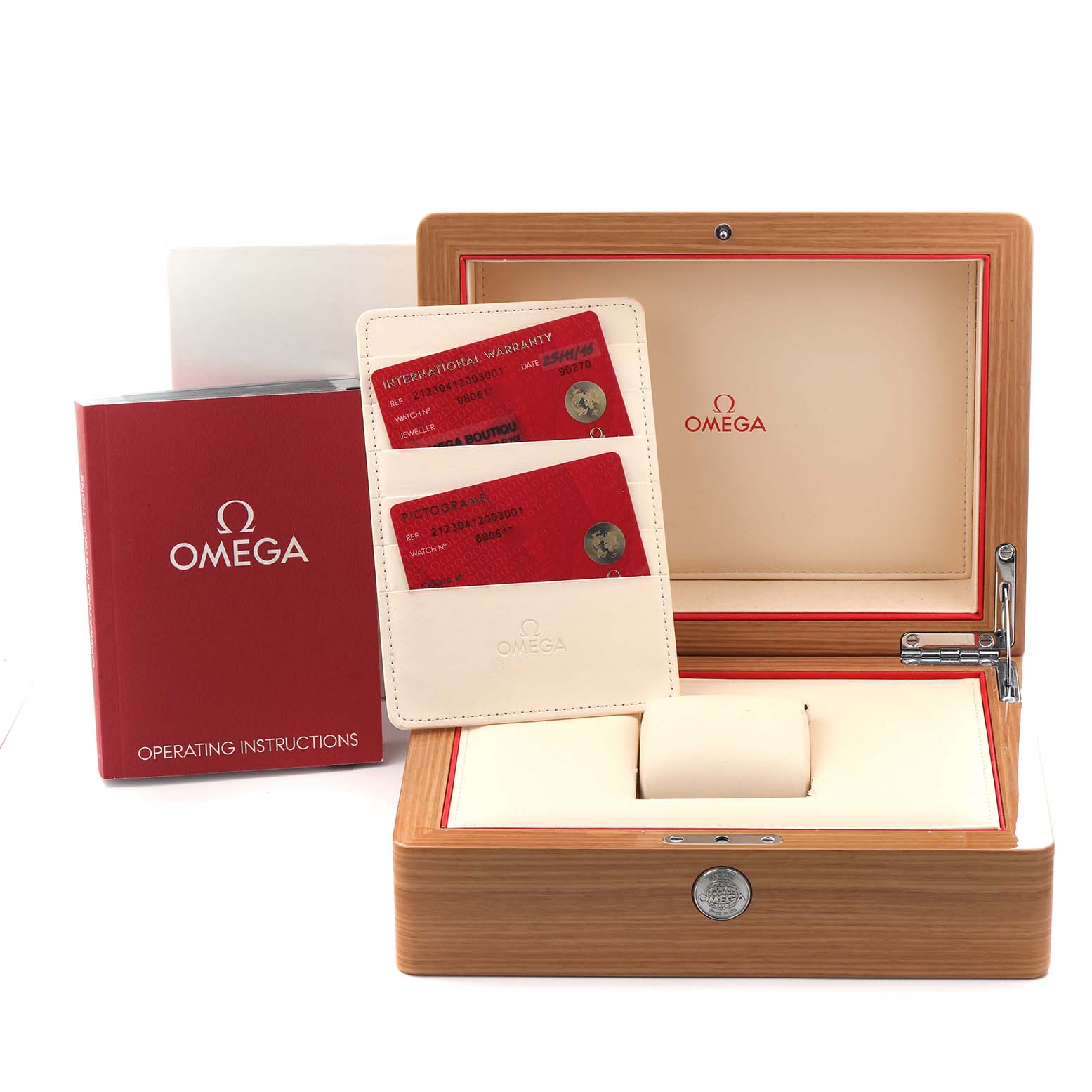 The image shows an Omega Seamaster 212.30.41.20.03.001 Men
s Stainless Steel Blue Dial 212.30.41.20.03.001 Men
s Stainless Steel Blue Dial watch box, instruction booklet, and warranty cards.