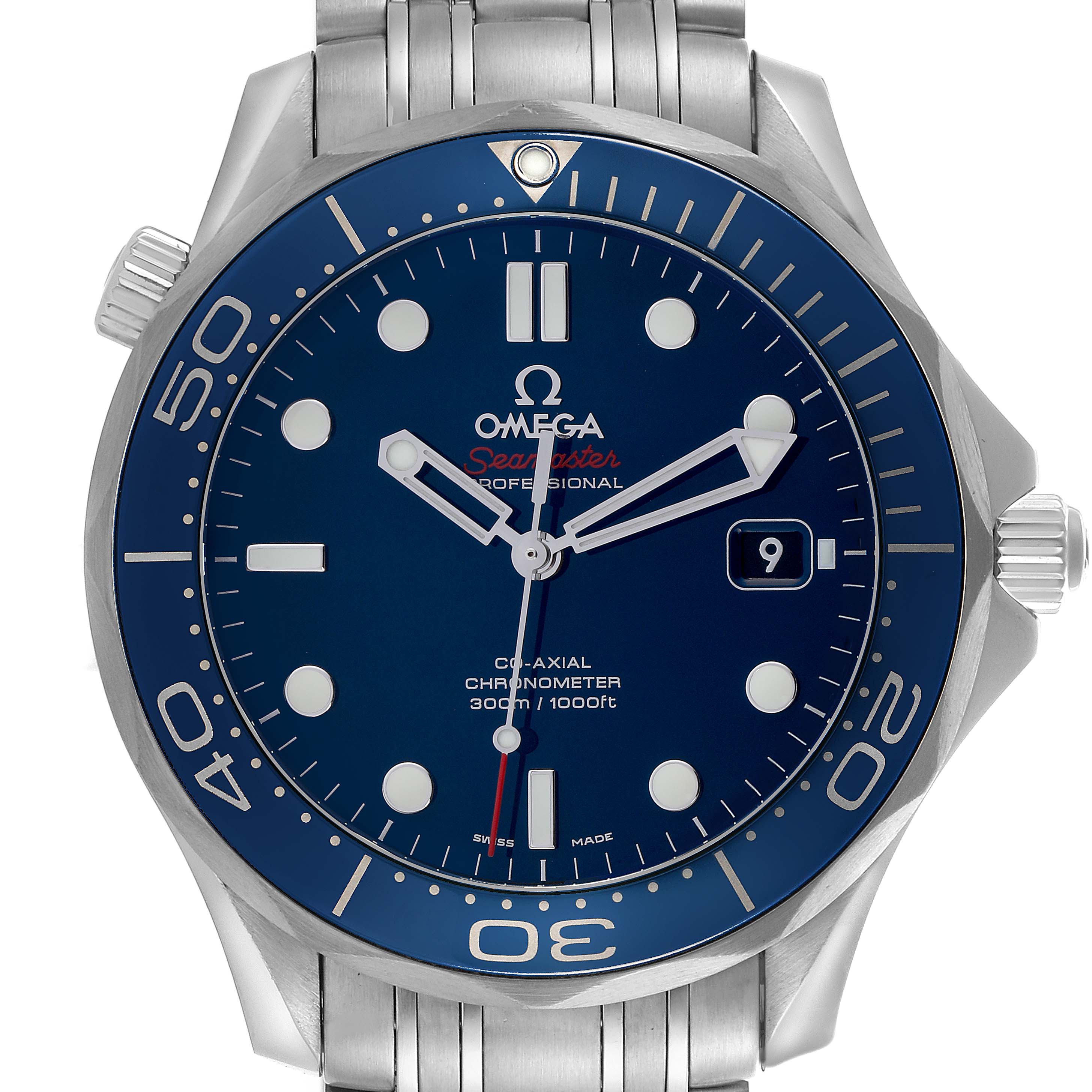 The Omega Seamaster 212.30.41.20.03.001 Men
s Stainless Steel Blue Dial 212.30.41.20.03.001 Men
s Stainless Steel Blue Dial watch is shown from the front, highlighting the dial, bezel, and bracelet.