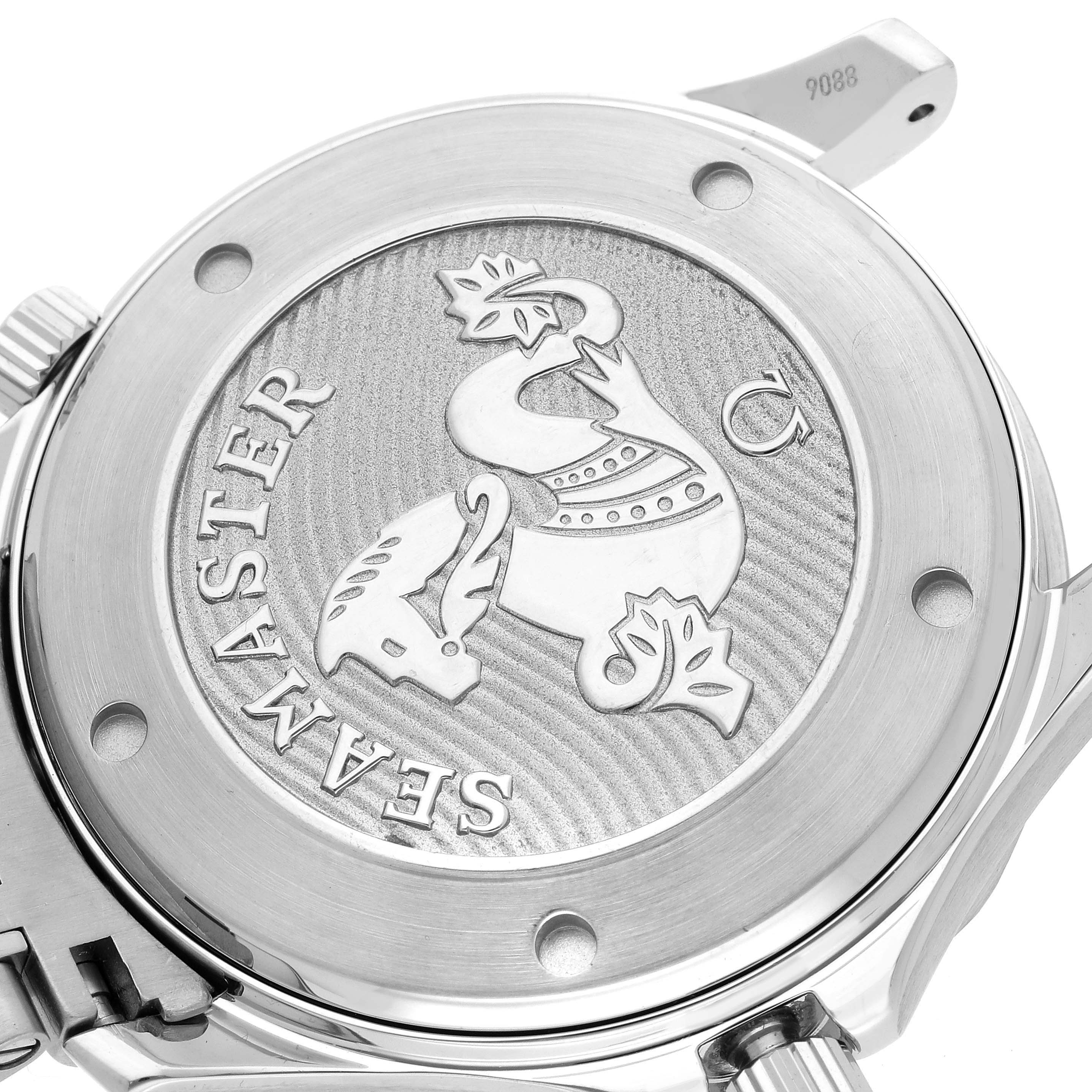 This image shows the case back of the Omega Seamaster 212.30.41.20.03.001 Men
s Stainless Steel Blue Dial 212.30.41.20.03.001 Men
s Stainless Steel Blue Dial watch, featuring an embossed design and branding.