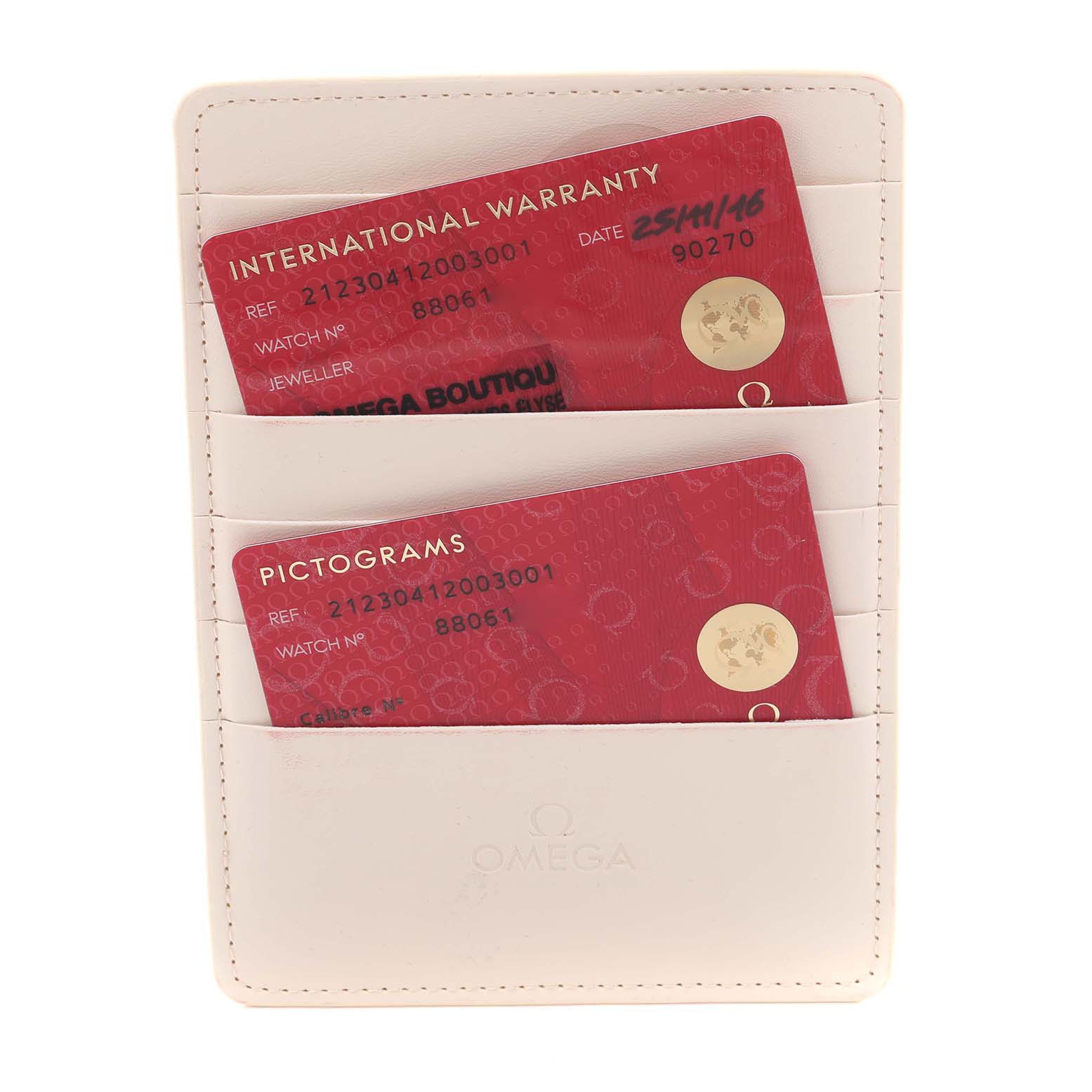 The image shows Omega Seamaster 212.30.41.20.03.001 Men
s Stainless Steel Blue Dial 212.30.41.20.03.001 Men
s Stainless Steel Blue Dial warranty and pictogram cards in a white cardholder from a top view.