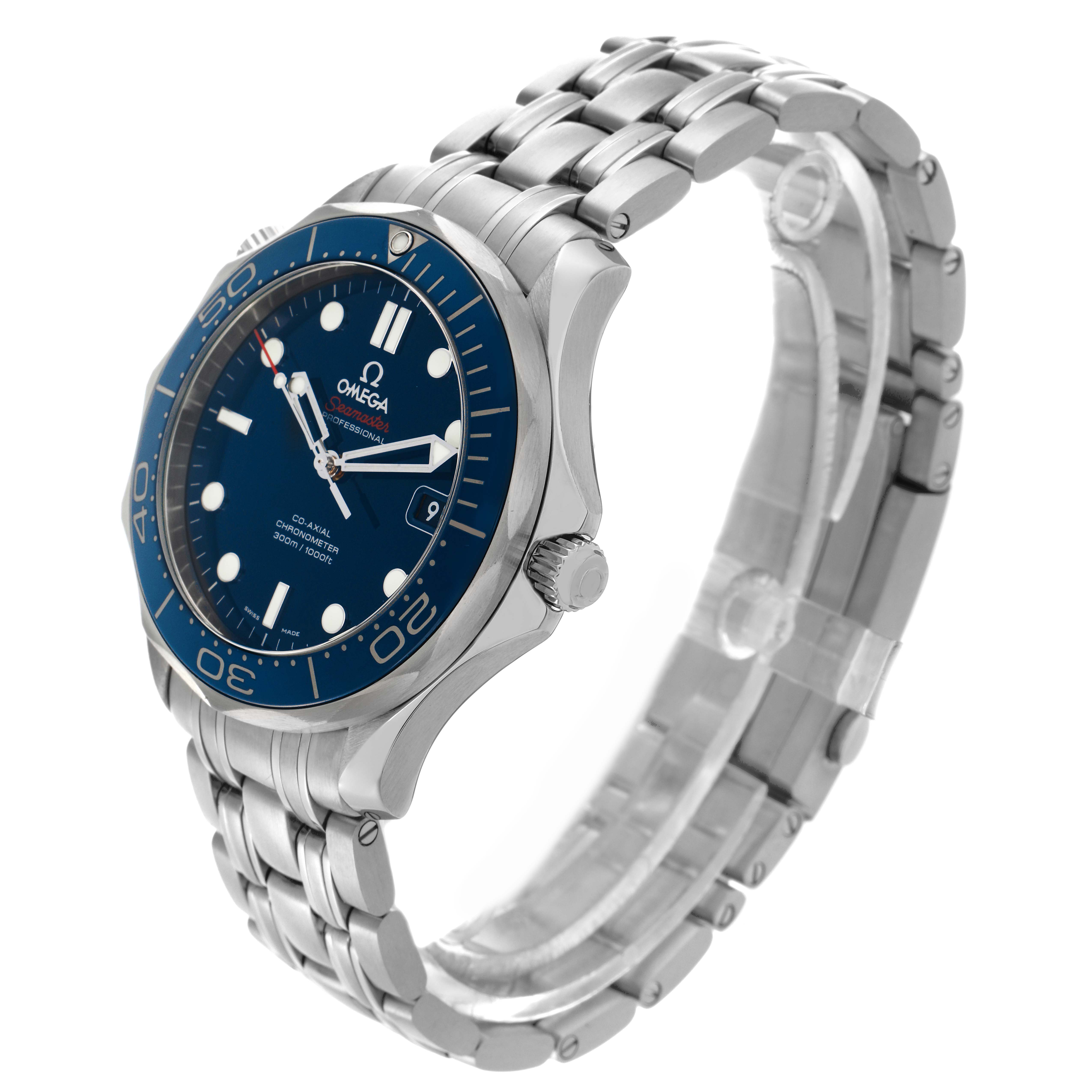 The Omega Seamaster 212.30.41.20.03.001 Men
s Stainless Steel Blue Dial 212.30.41.20.03.001 Men
s Stainless Steel Blue Dial watch is angled to show its face, bezel, crown, and stainless steel bracelet.