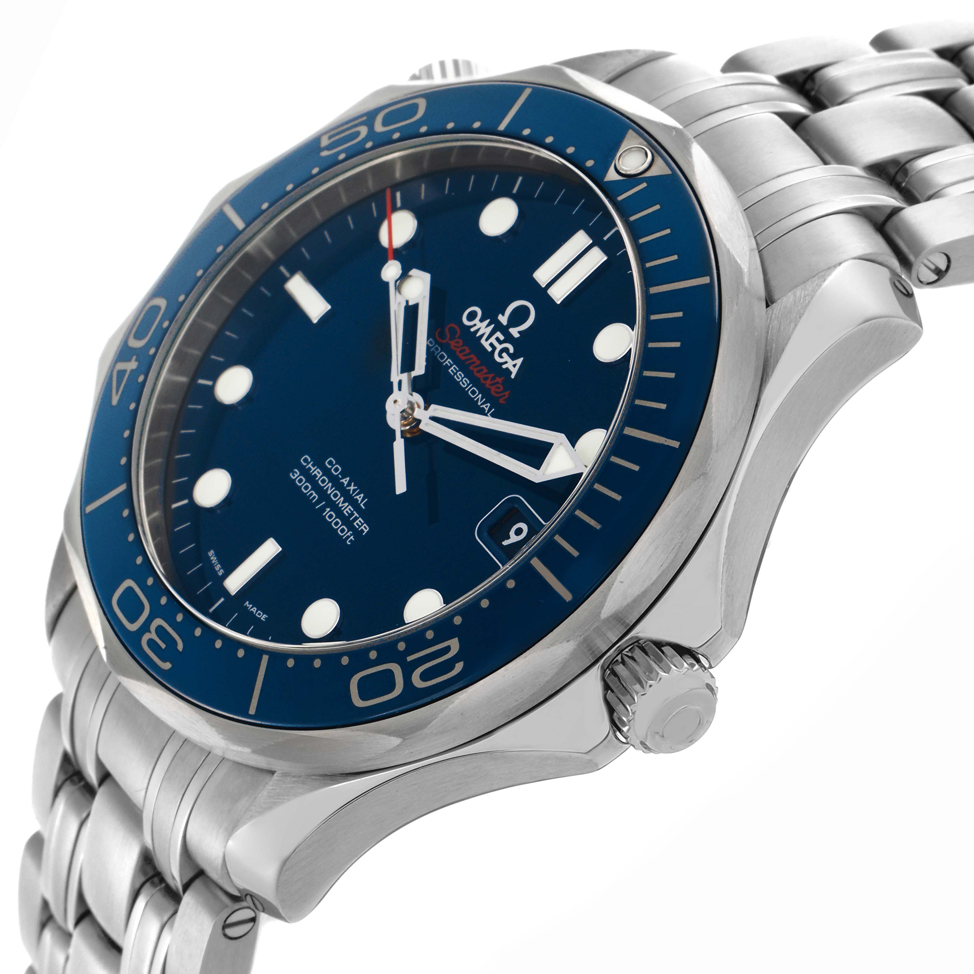 The Omega Seamaster 212.30.41.20.03.001 Men
s Stainless Steel Blue Dial 212.30.41.20.03.001 Men
s Stainless Steel Blue Dial watch is shown at an angled side view featuring the dial, bezel, crown, and part of the bracelet.