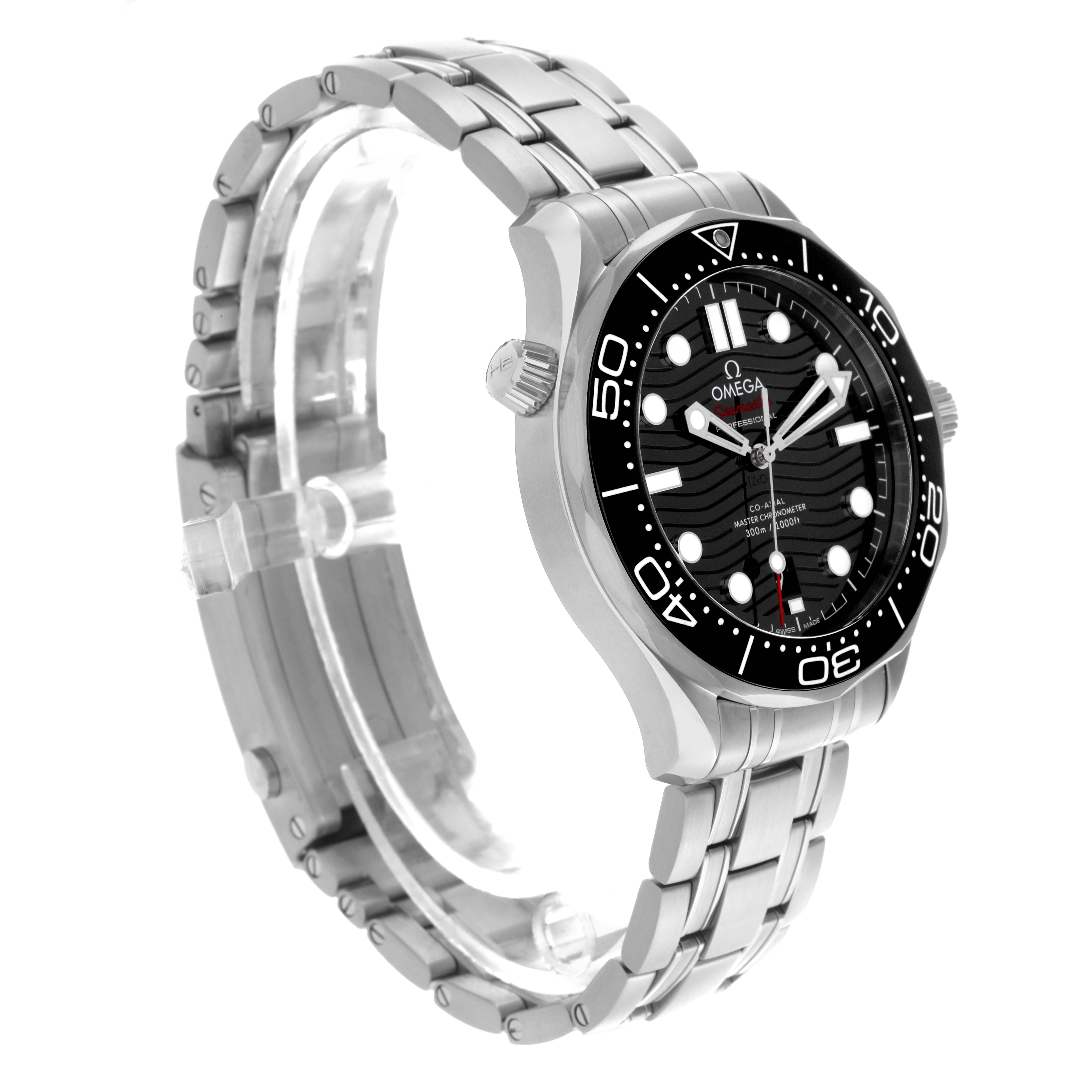 The Omega Seamaster 210.30.42.20.01.001 Men
s Stainless Steel Black Dial 210.30.42.20.01.001 Men
s Stainless Steel Black Dial watch is shown at a side angle, highlighting the case, bezel, bracelet, and dial with visible wave pattern.
