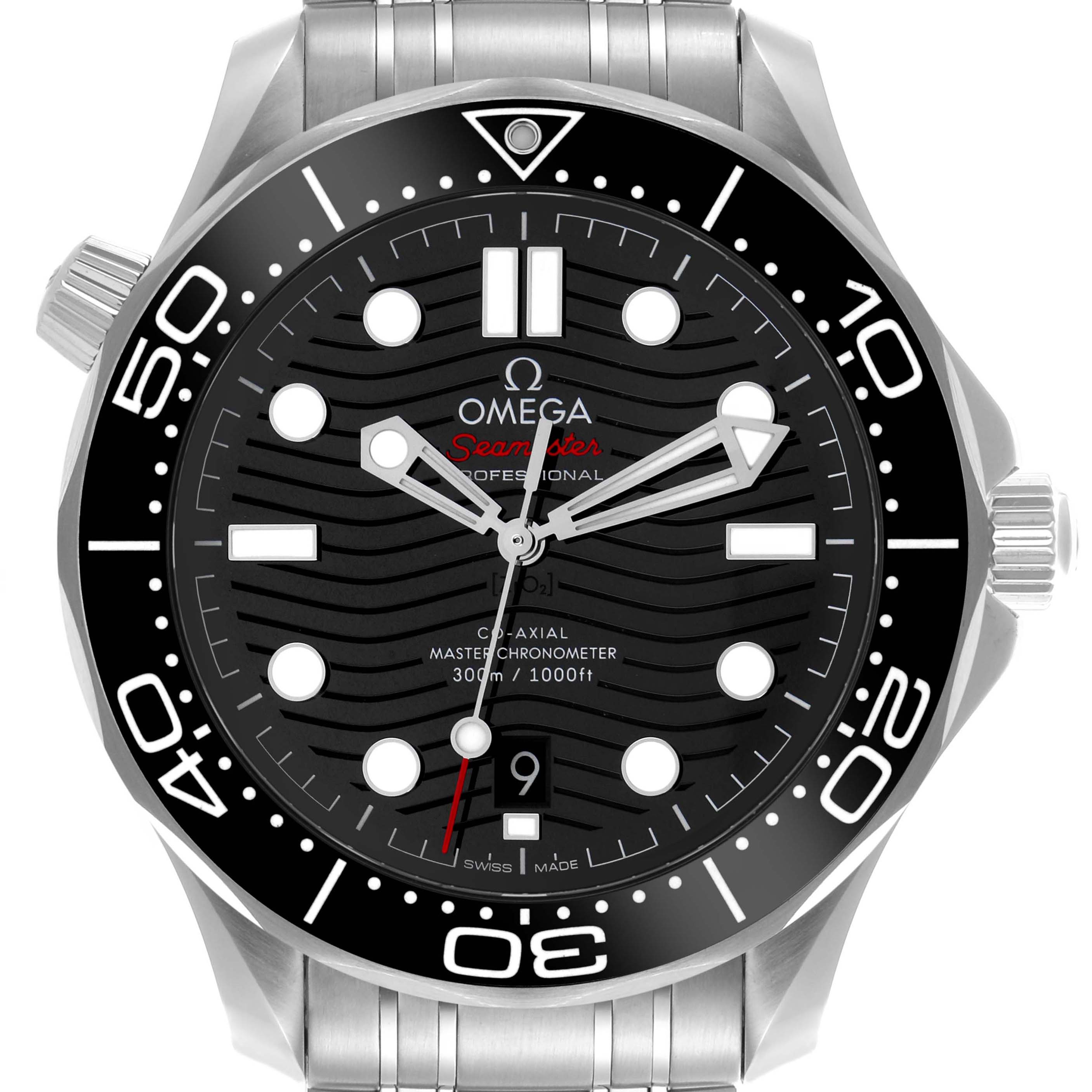 The Omega Seamaster 210.30.42.20.01.001 Men
s Stainless Steel Black Dial 210.30.42.20.01.001 Men
s Stainless Steel Black Dial watch is shown from the front, displaying the full face, bezel, and part of the bracelet.