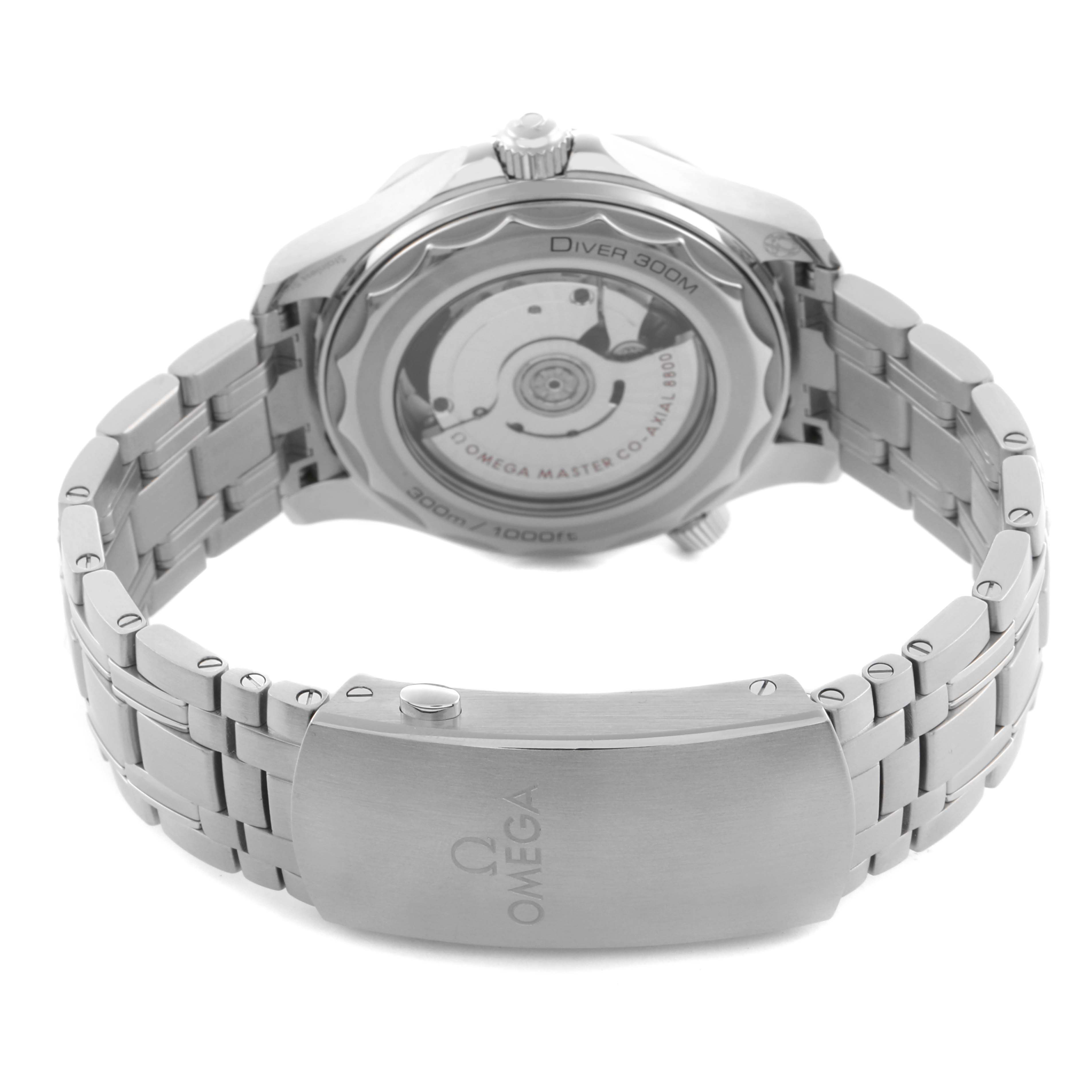 This image shows the back of the Omega Seamaster 210.30.42.20.01.001 Men
s Stainless Steel Black Dial 210.30.42.20.01.001 Men
s Stainless Steel Black Dial watch, highlighting the case back, bracelet, and clasp.