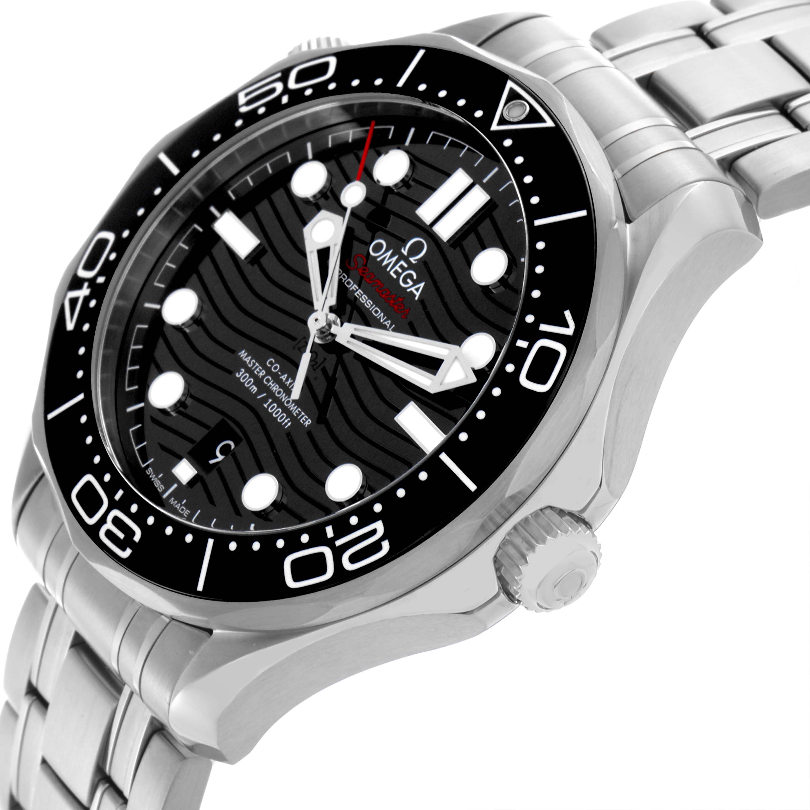 The Omega Seamaster 210.30.42.20.01.001 Men
s Stainless Steel Black Dial 210.30.42.20.01.001 Men
s Stainless Steel Black Dial watch is shown at an angled view highlighting the bezel, dial, and bracelet.