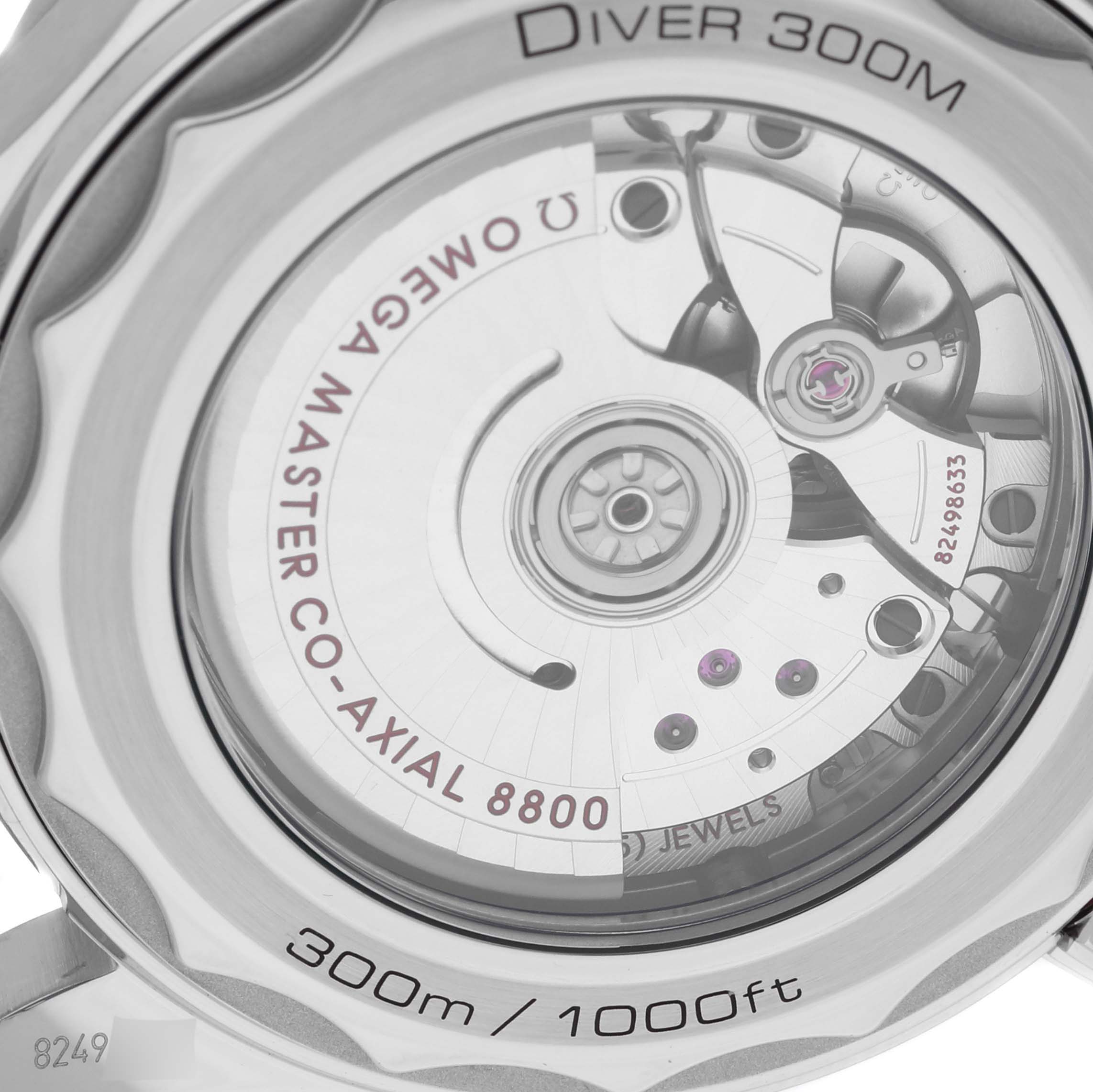 The image shows the back of the Omega Seamaster 210.30.42.20.01.001 Men
s Stainless Steel Black Dial 210.30.42.20.01.001 Men
s Stainless Steel Black Dial watch, highlighting the Co-Axial 8800 movement.