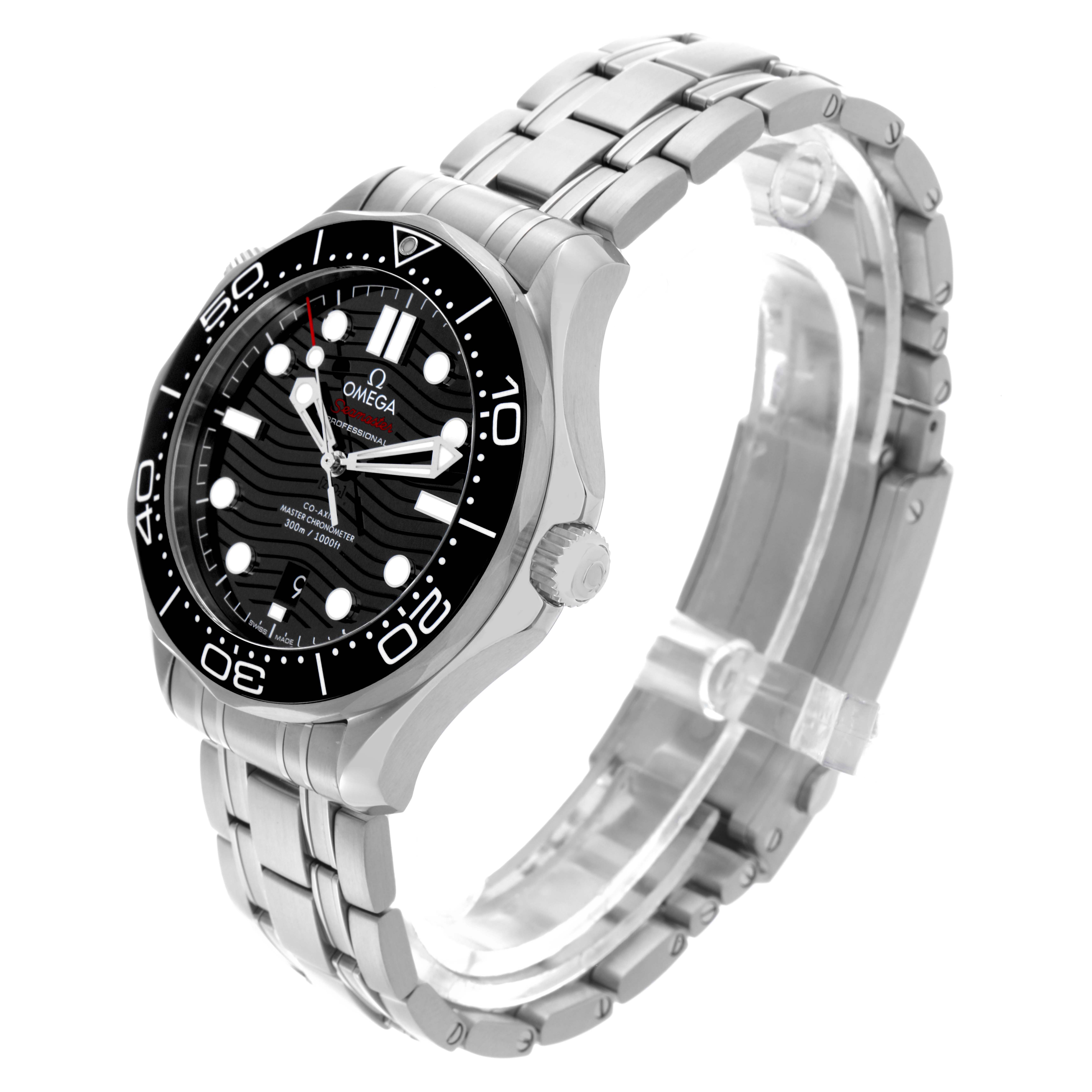 The Omega Seamaster 210.30.42.20.01.001 Men
s Stainless Steel Black Dial 210.30.42.20.01.001 Men
s Stainless Steel Black Dial watch is angled to show the face, bezel, and stainless steel bracelet.