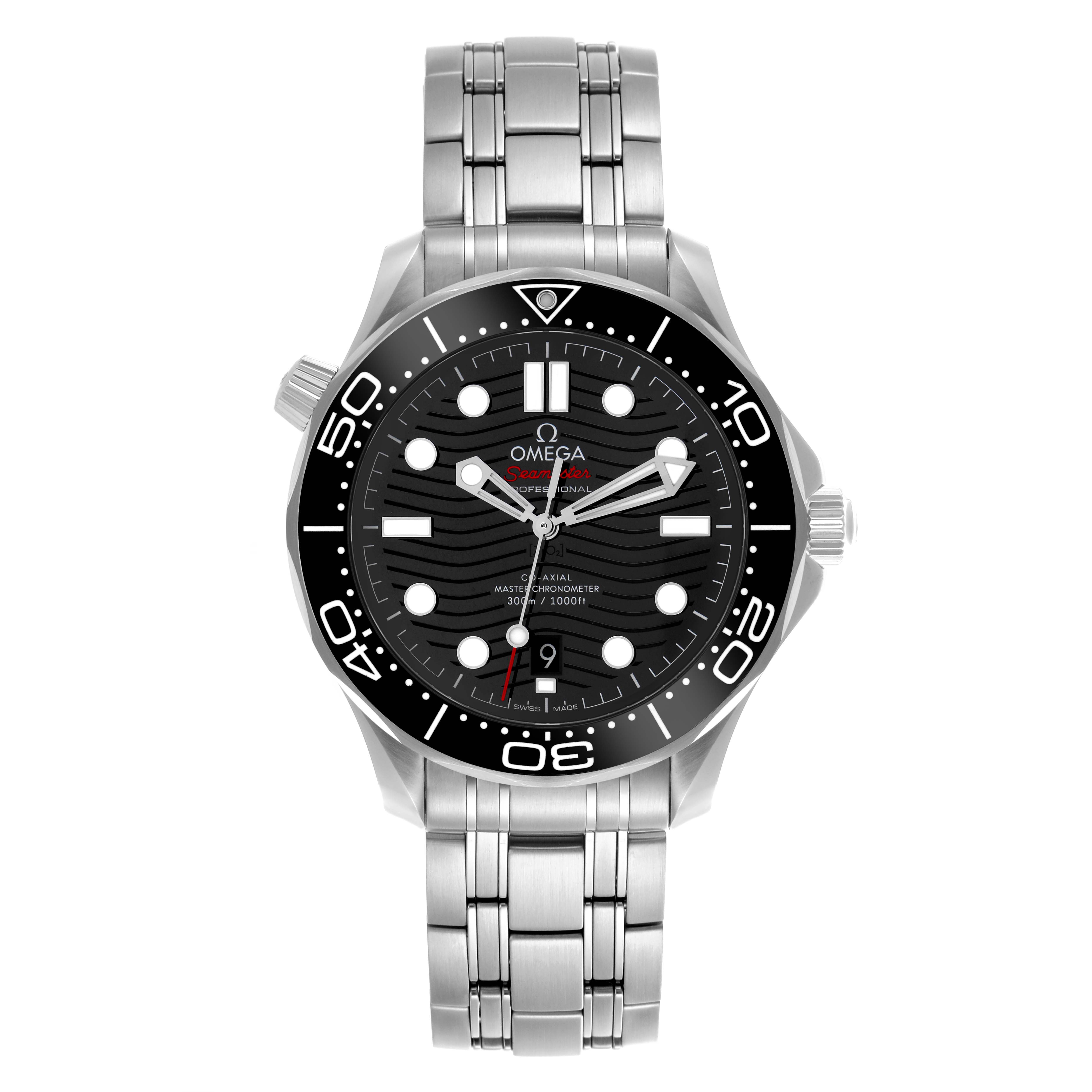 The Omega Seamaster 210.30.42.20.01.001 Men
s Stainless Steel Black Dial 210.30.42.20.01.001 Men
s Stainless Steel Black Dial watch is shown from a front angle, displaying its face, bezel, case, crown, and bracelet.
