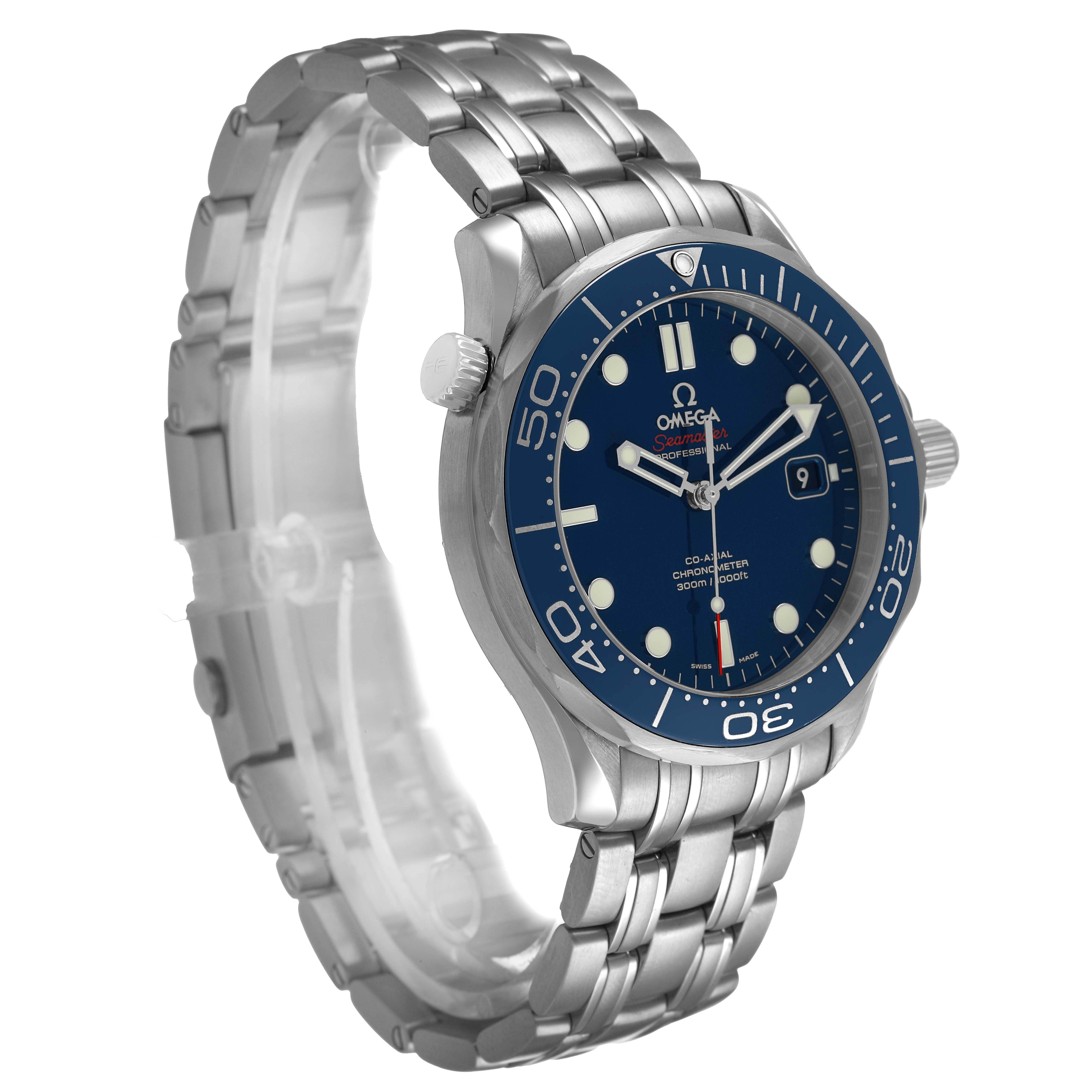 The Omega Seamaster 212.30.41.20.03.001 Men's Stainless Steel Blue Dial watch is shown at a slight angle, highlighting the face, bezel, and stainless steel bracelet.