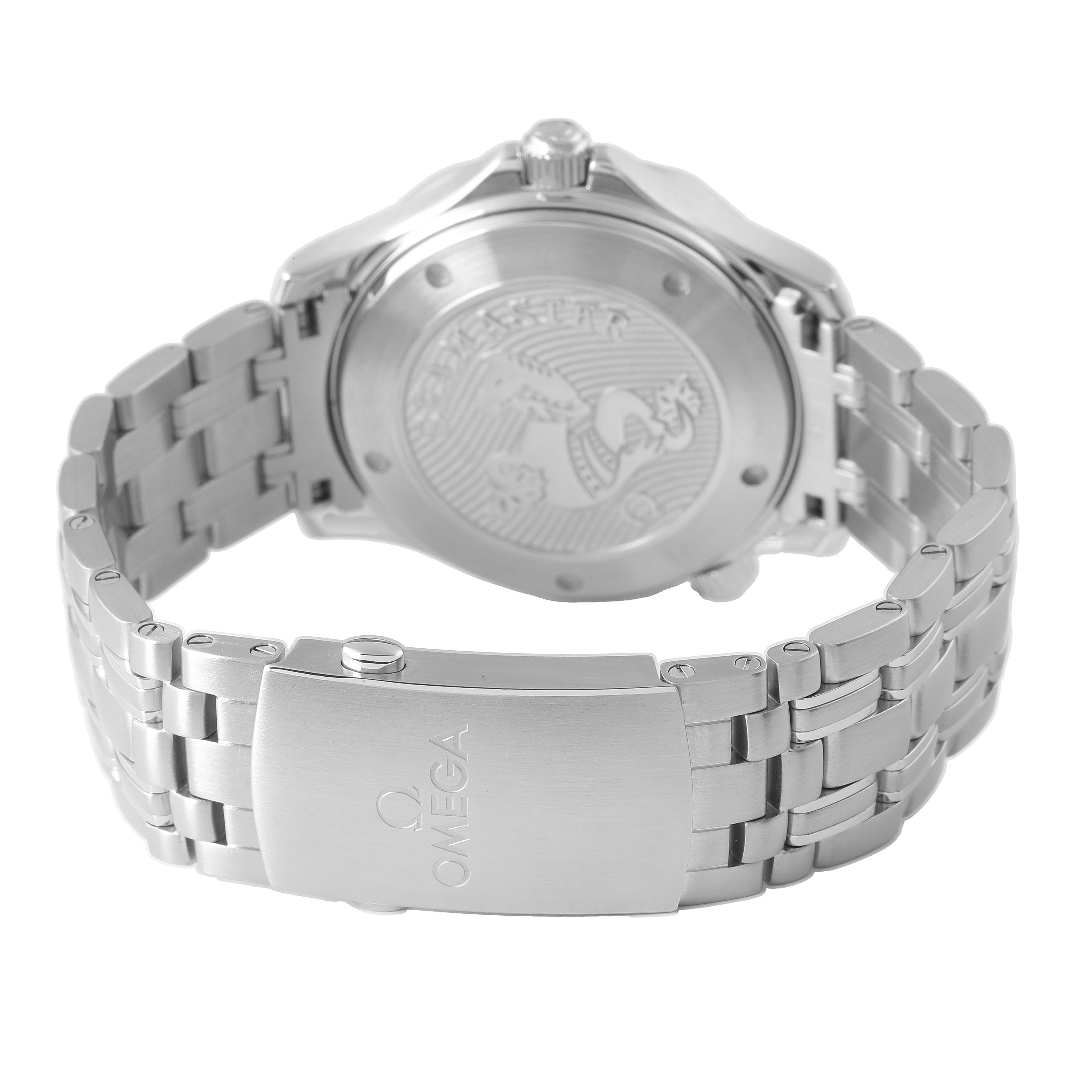 The image shows the back case and stainless steel bracelet clasp of the Omega Seamaster 212.30.41.20.03.001 Men's Stainless Steel Blue Dial watch.