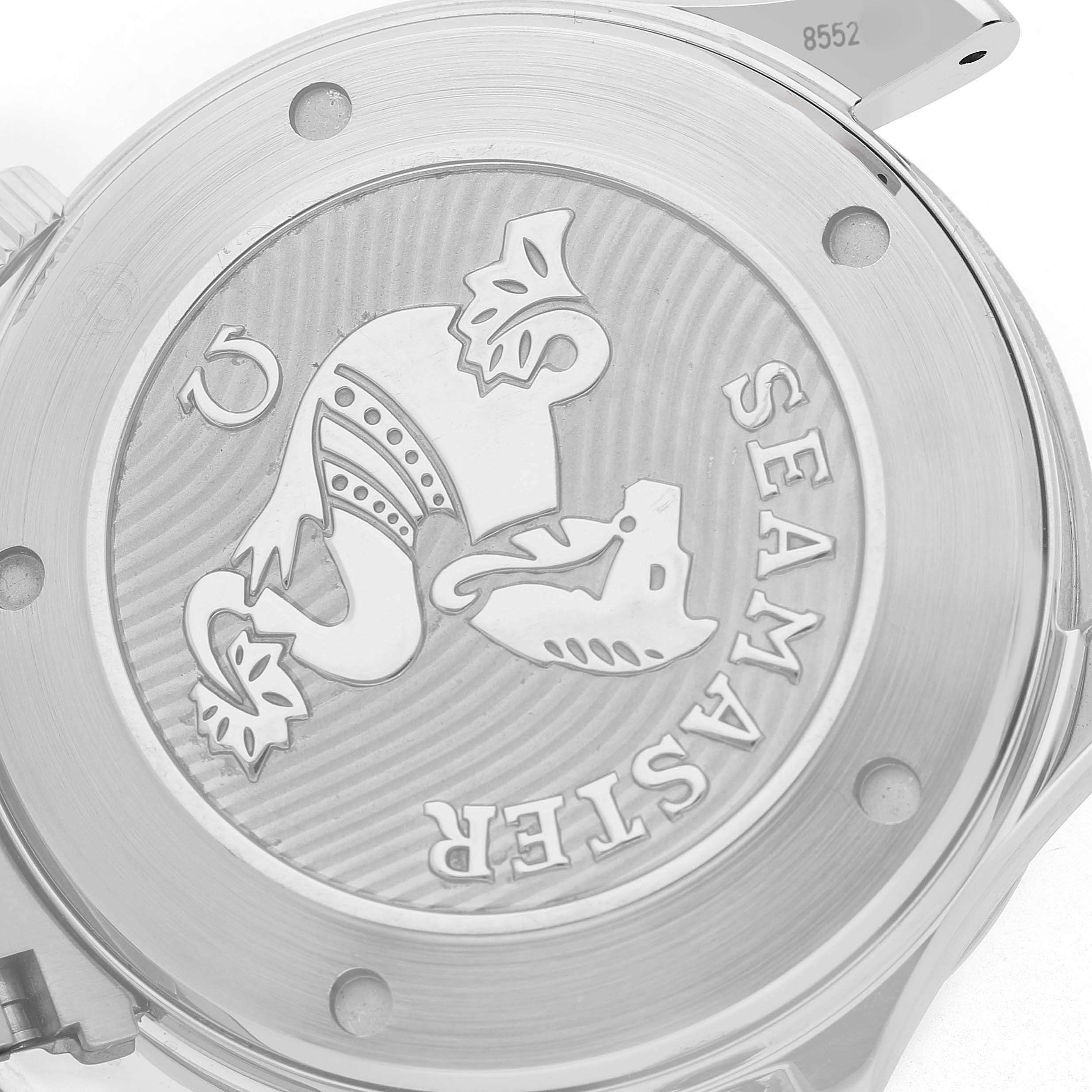 The image shows the back case of an Omega Seamaster 212.30.41.20.03.001 Men's Stainless Steel Blue Dial watch with an embossed logo and text.