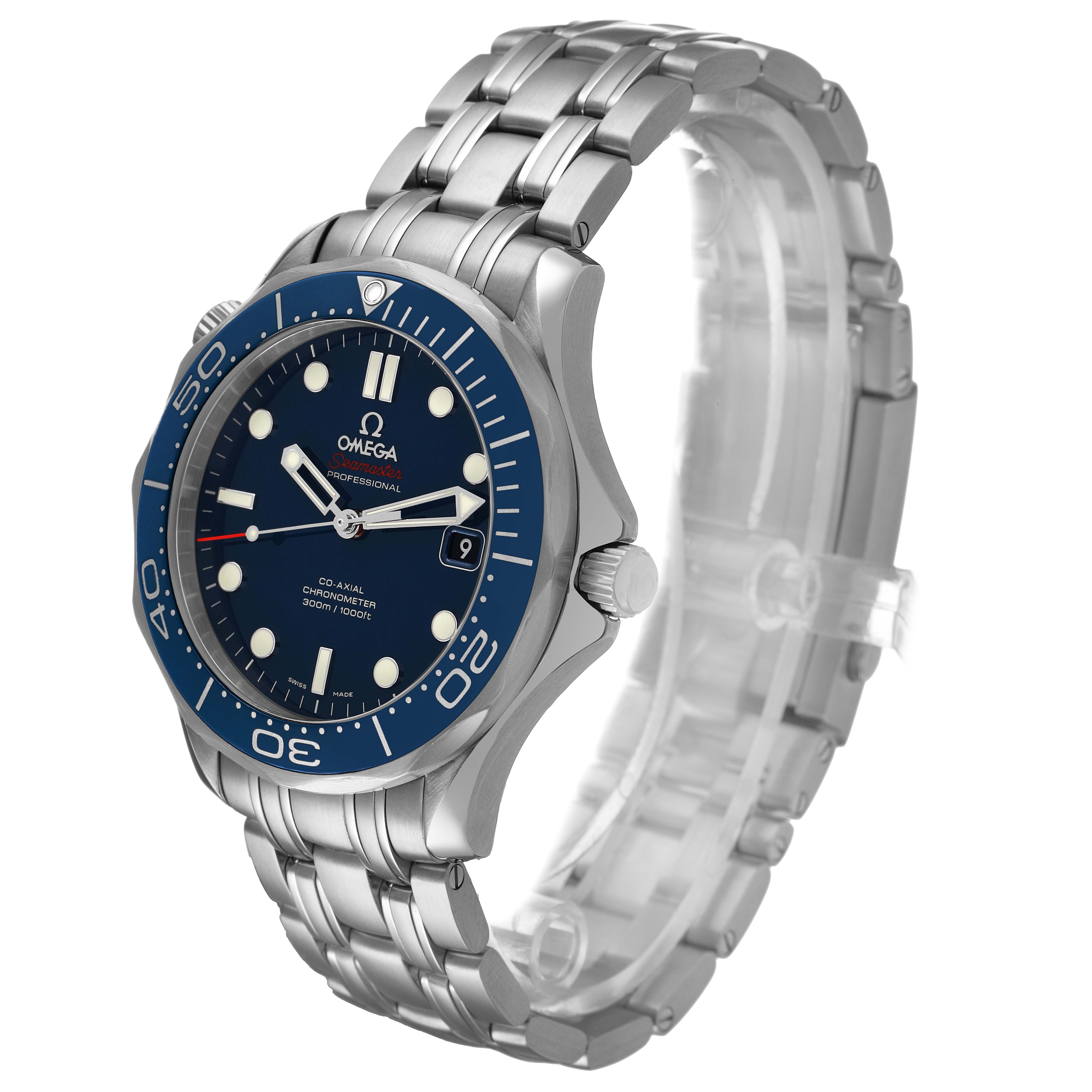 The Omega Seamaster 212.30.41.20.03.001 Men's Stainless Steel Blue Dial watch is shown at a three-quarter angle, displaying the face, bezel, bracelet, and crown.