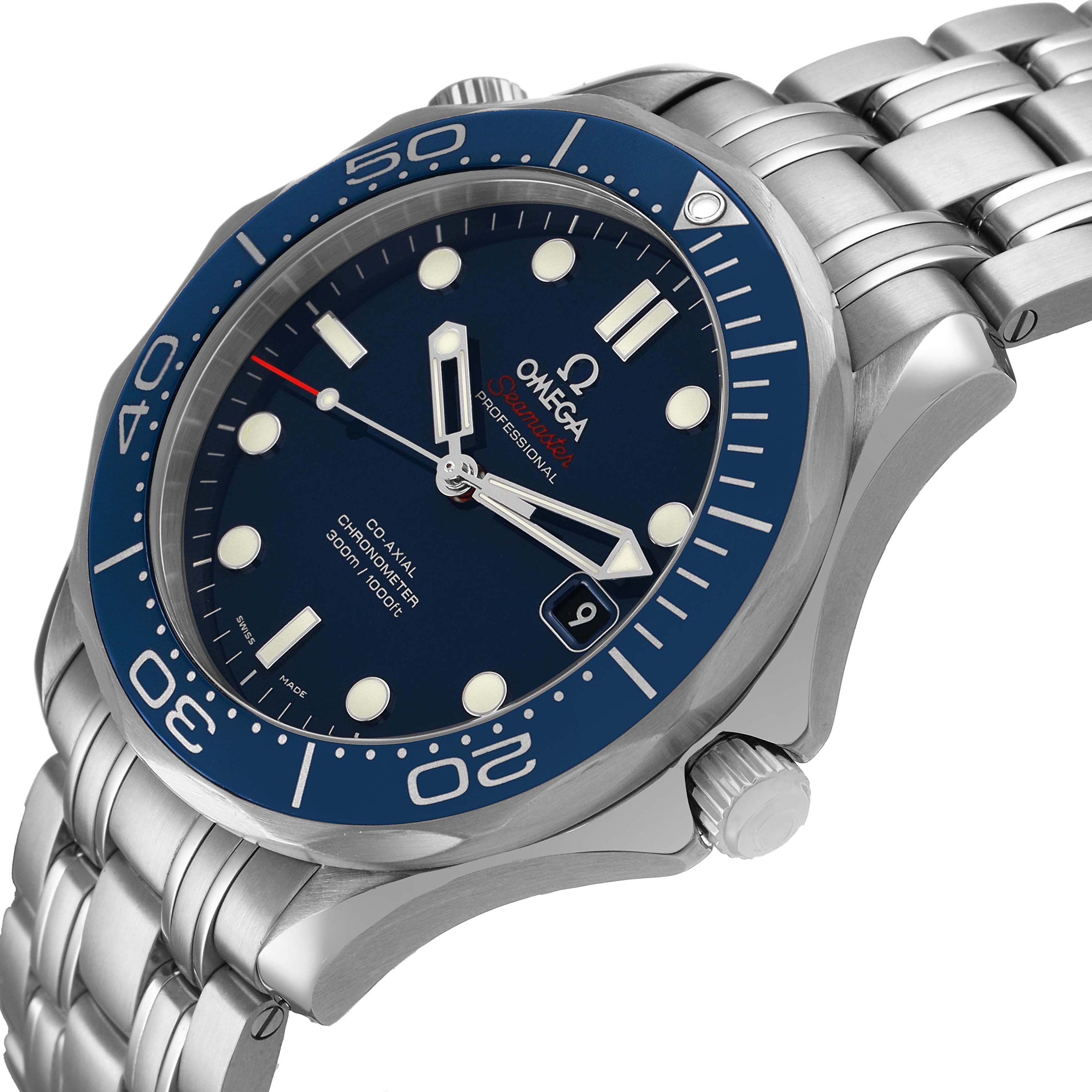 The Omega Seamaster 212.30.41.20.03.001 Men's Stainless Steel Blue Dial watch is shown at a slight angle, highlighting the blue dial, bezel, crown, and partial bracelet.