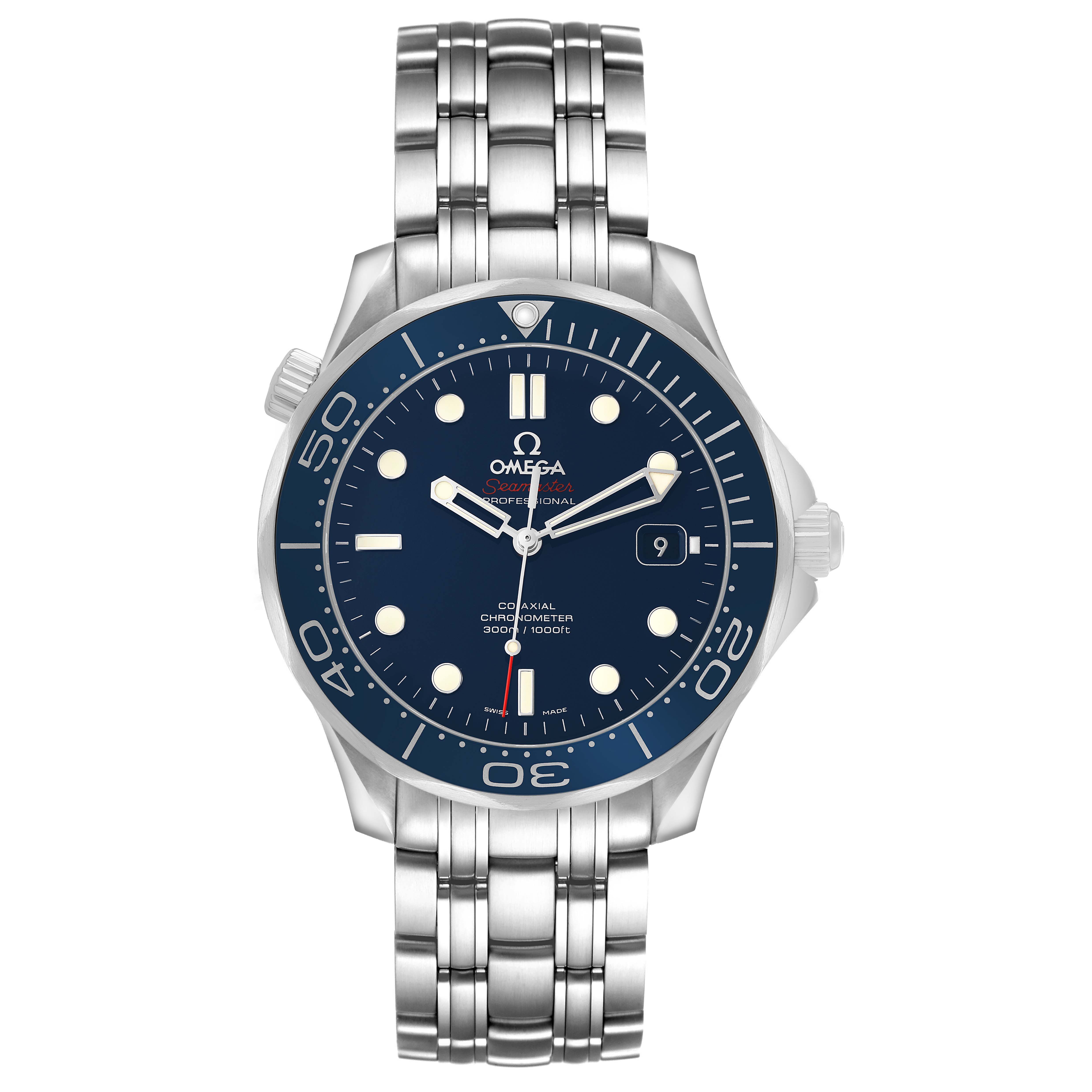 The Omega Seamaster 212.30.41.20.03.001 Men's Stainless Steel Blue Dial watch is shown from the front, displaying the face, bezel, crown, and bracelet.