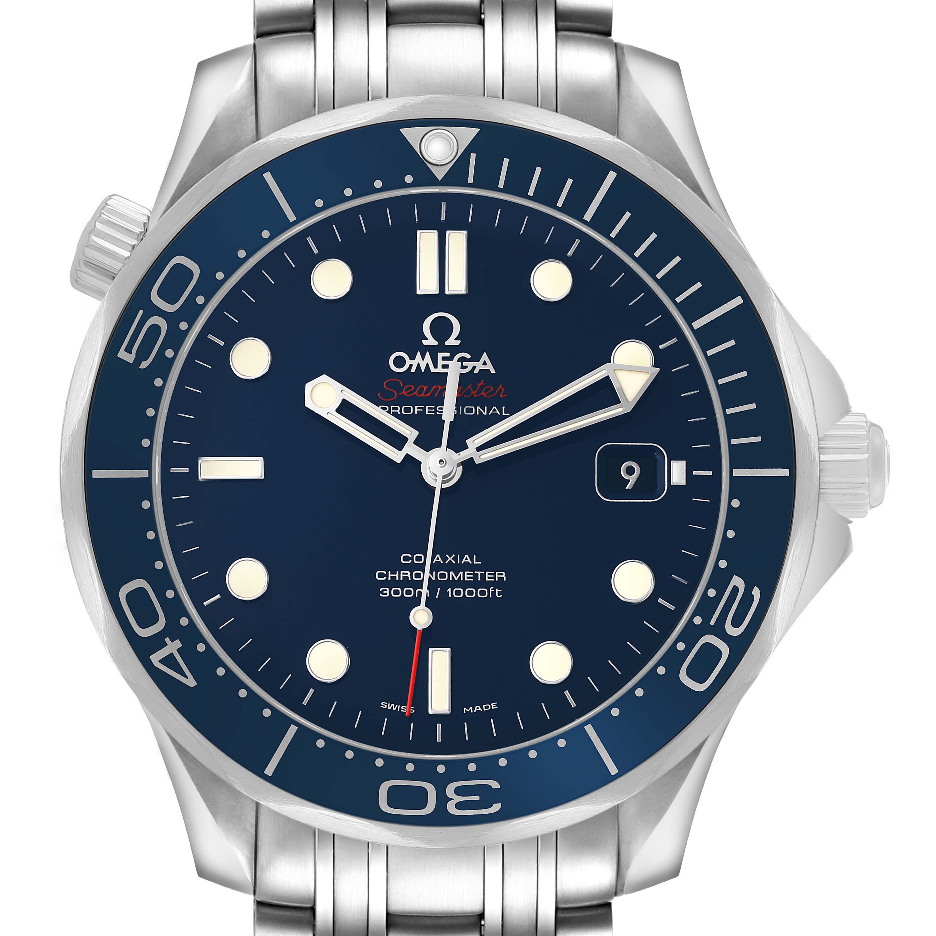 The Omega Seamaster 212.30.41.20.03.001 Men's Stainless Steel Blue Dial watch is shown from a front angle, highlighting the dial, bezel, crown, and bracelet.